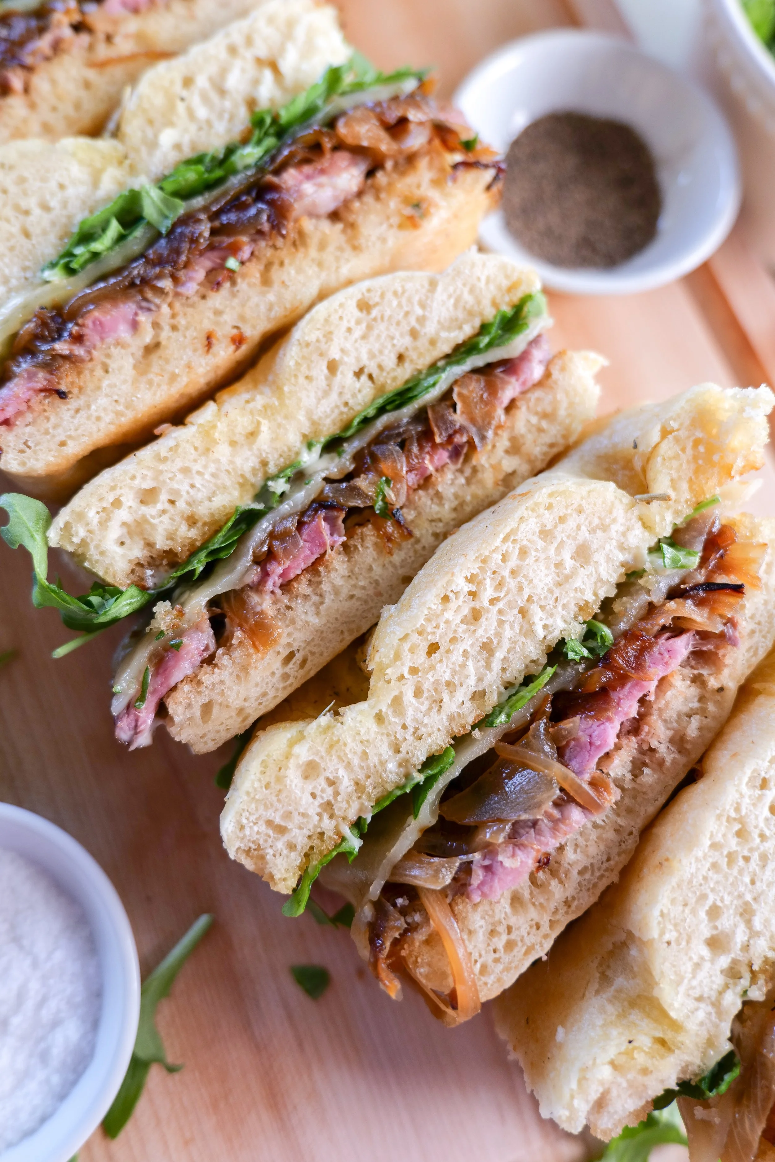Ribeye steak sandwich on toasted focaccia