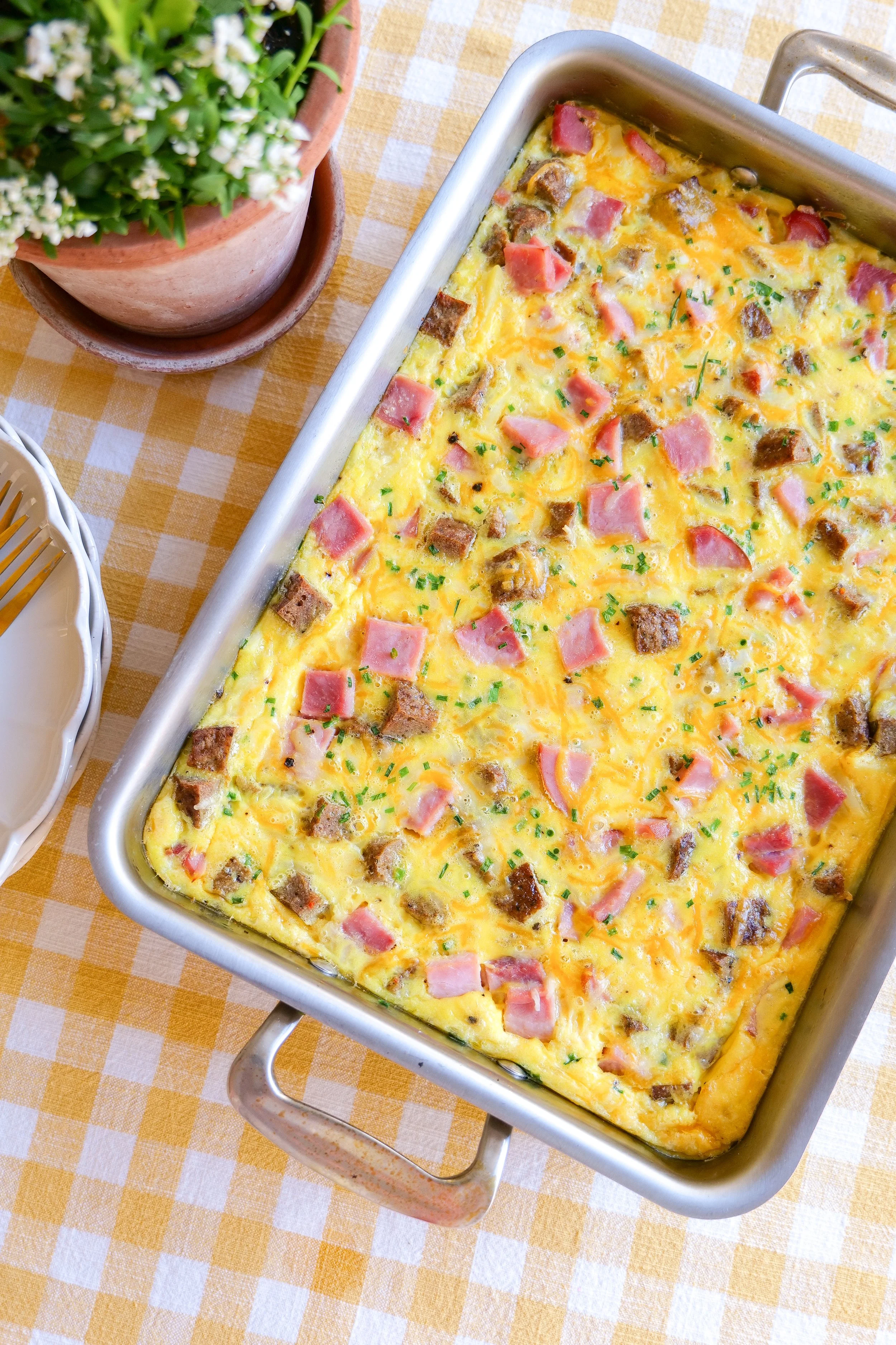 Sausage breakfast casserole baked in a casserole dish for brunch.