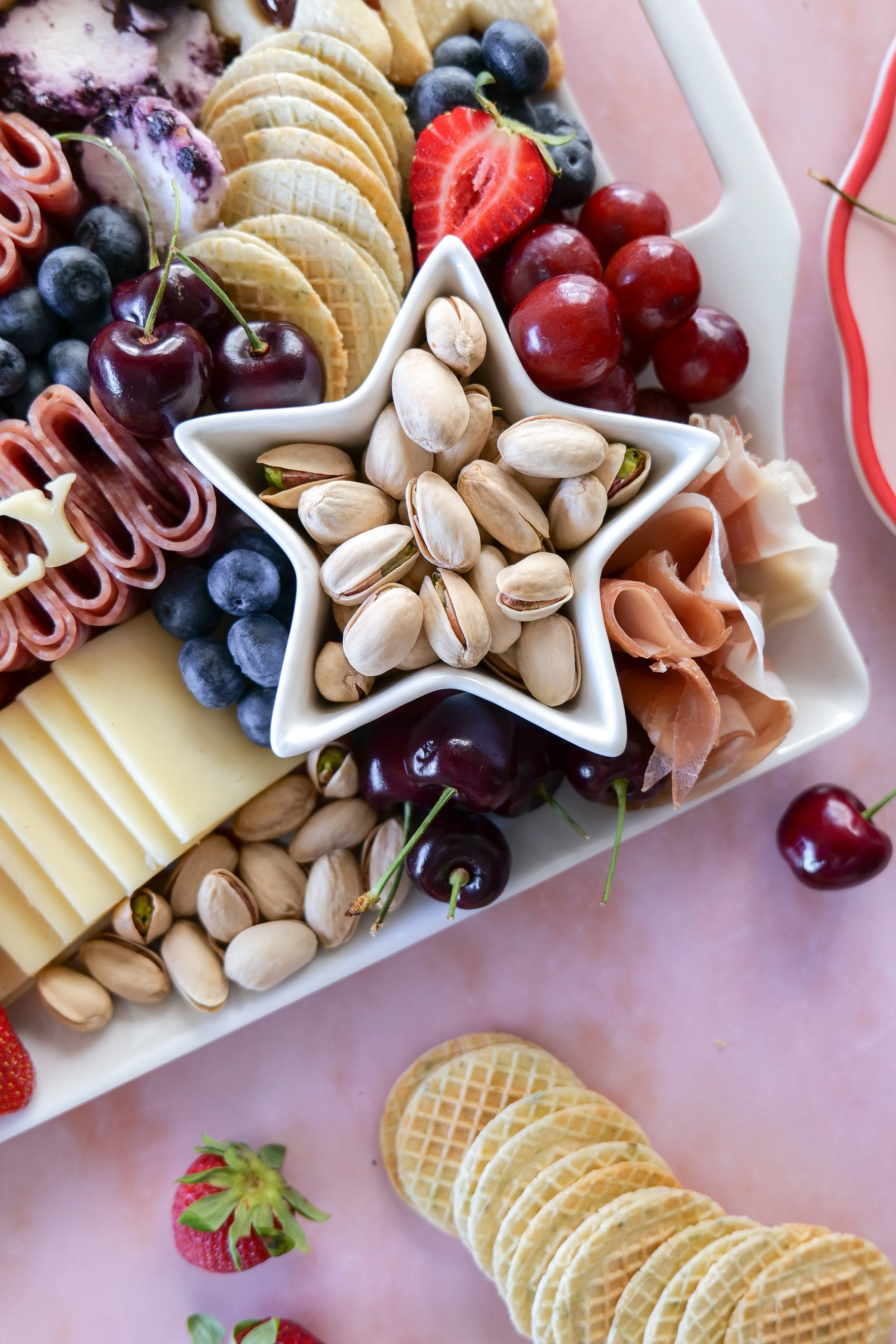 Americana-inspired charcuterie board perfect for Memorial Day, Fourth of July, and Labor Day.