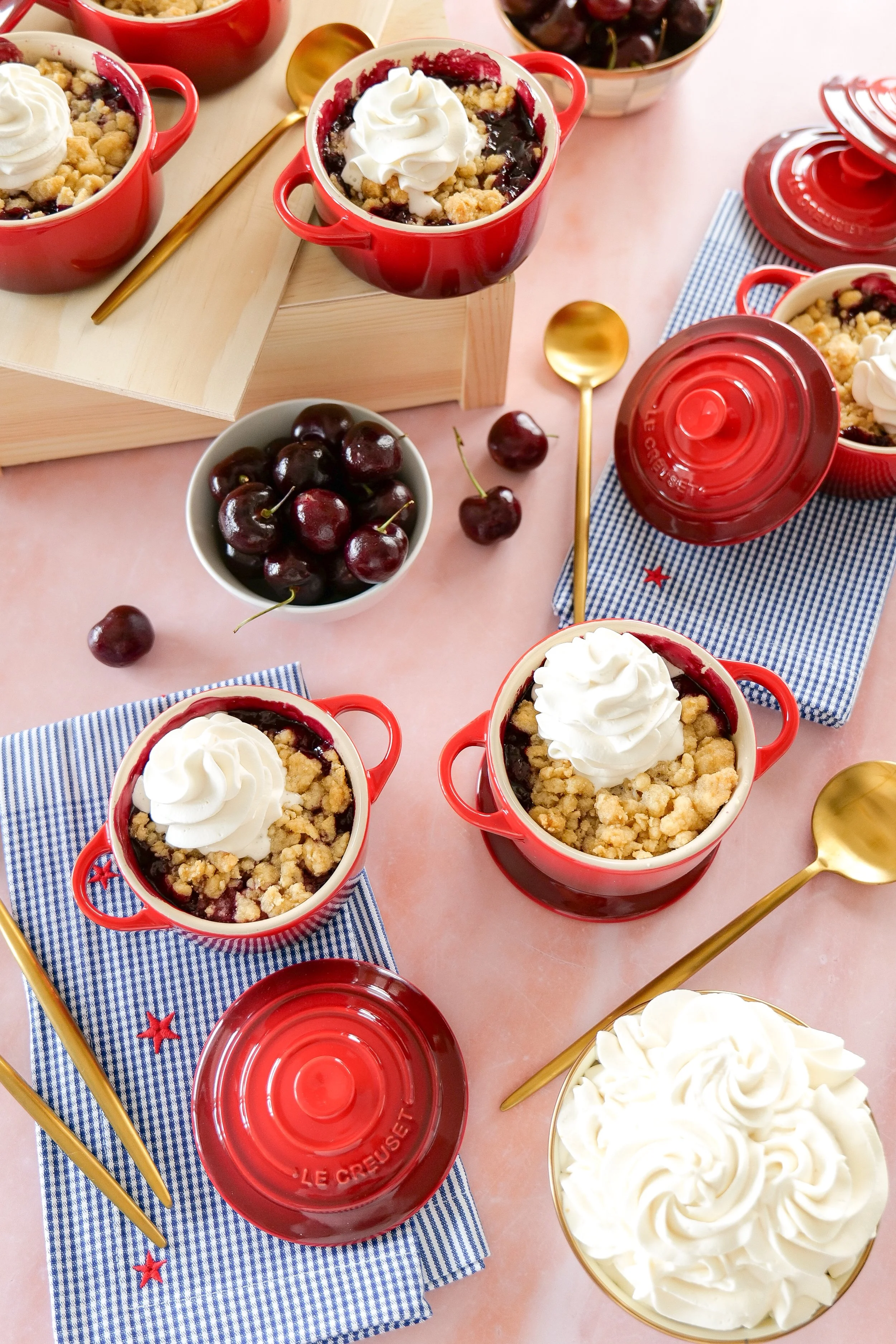 Cherry cobbler topped with a scoop of vanilla ice cream