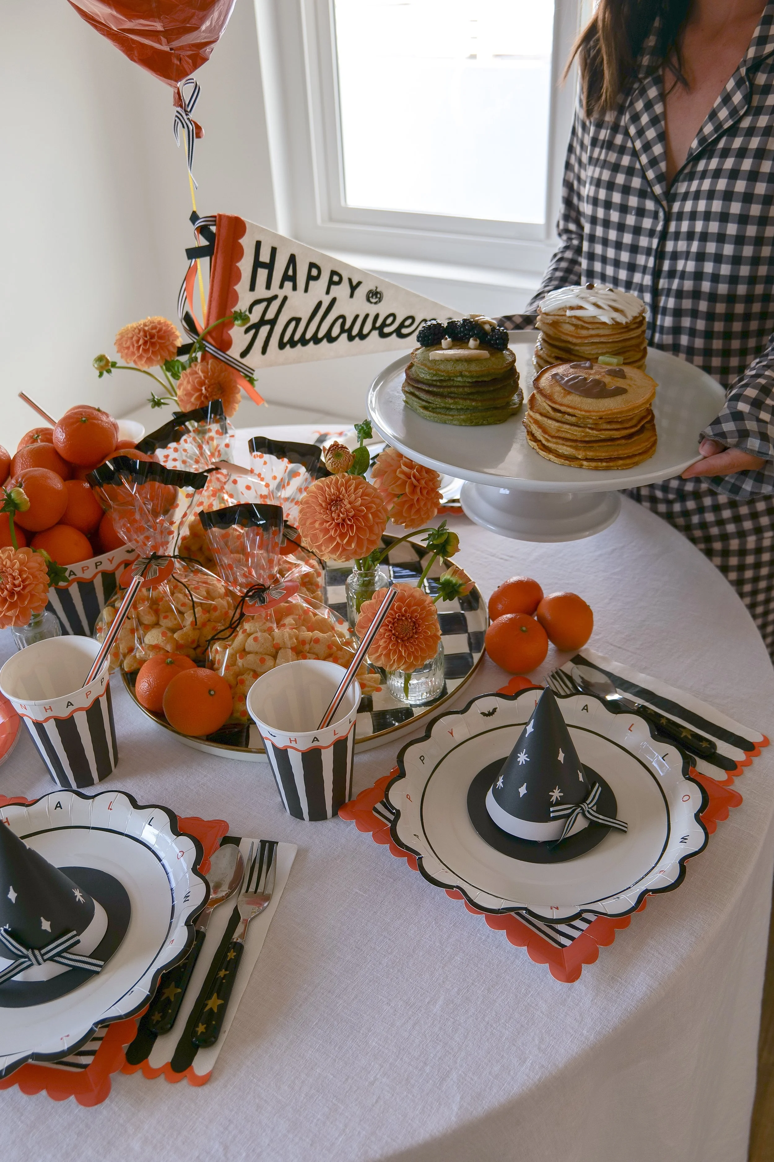 Mummy, pumpkin and Frankenstein Halloween pancake ideas made from one sourdough discard pancake batter.