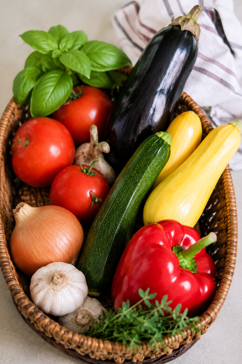 Seasonal summer vegetables arranged on a countertop before making classic French ratatouille.