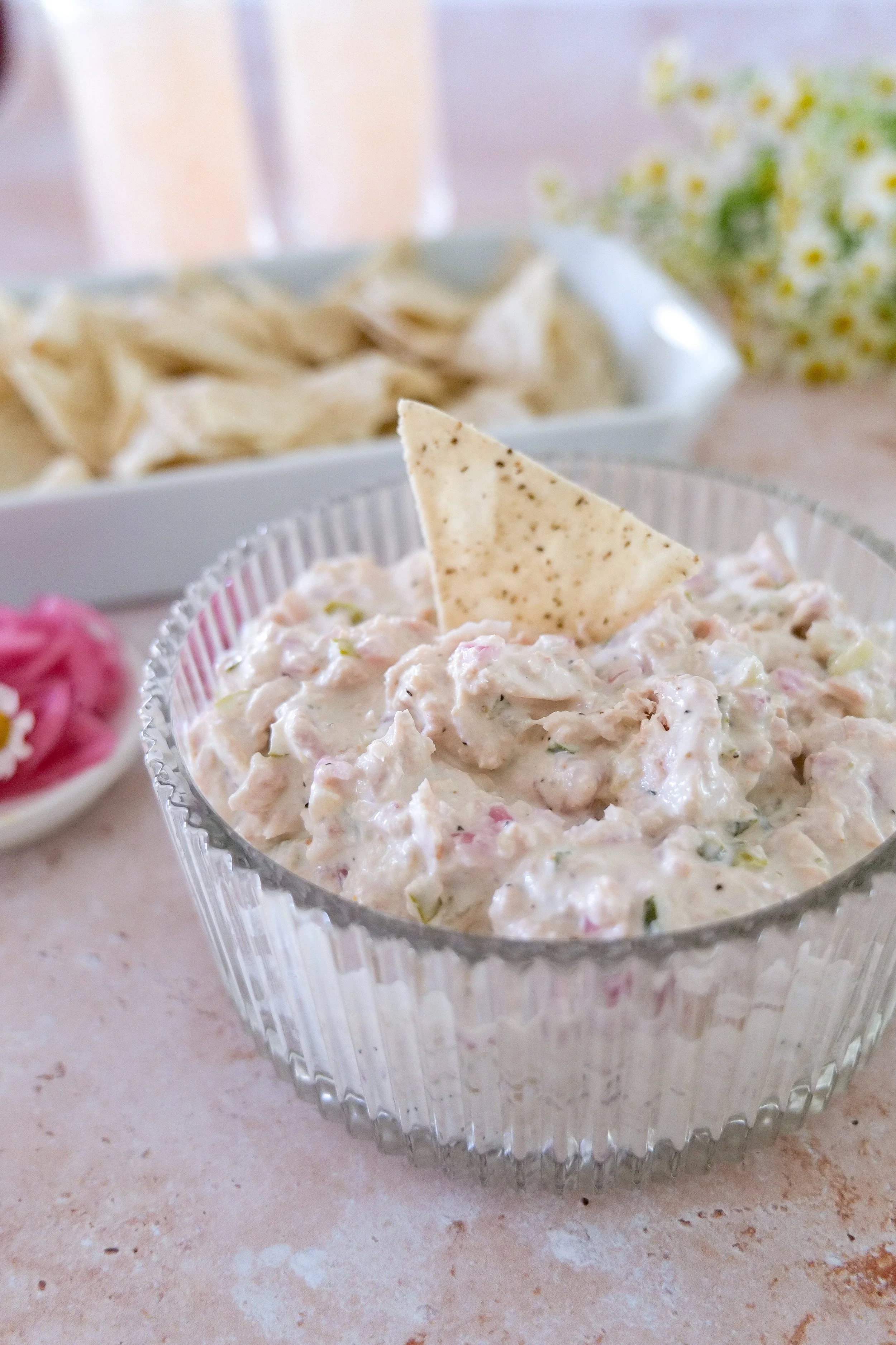 Creamy tuna dip with hot pickles and pickled red onions