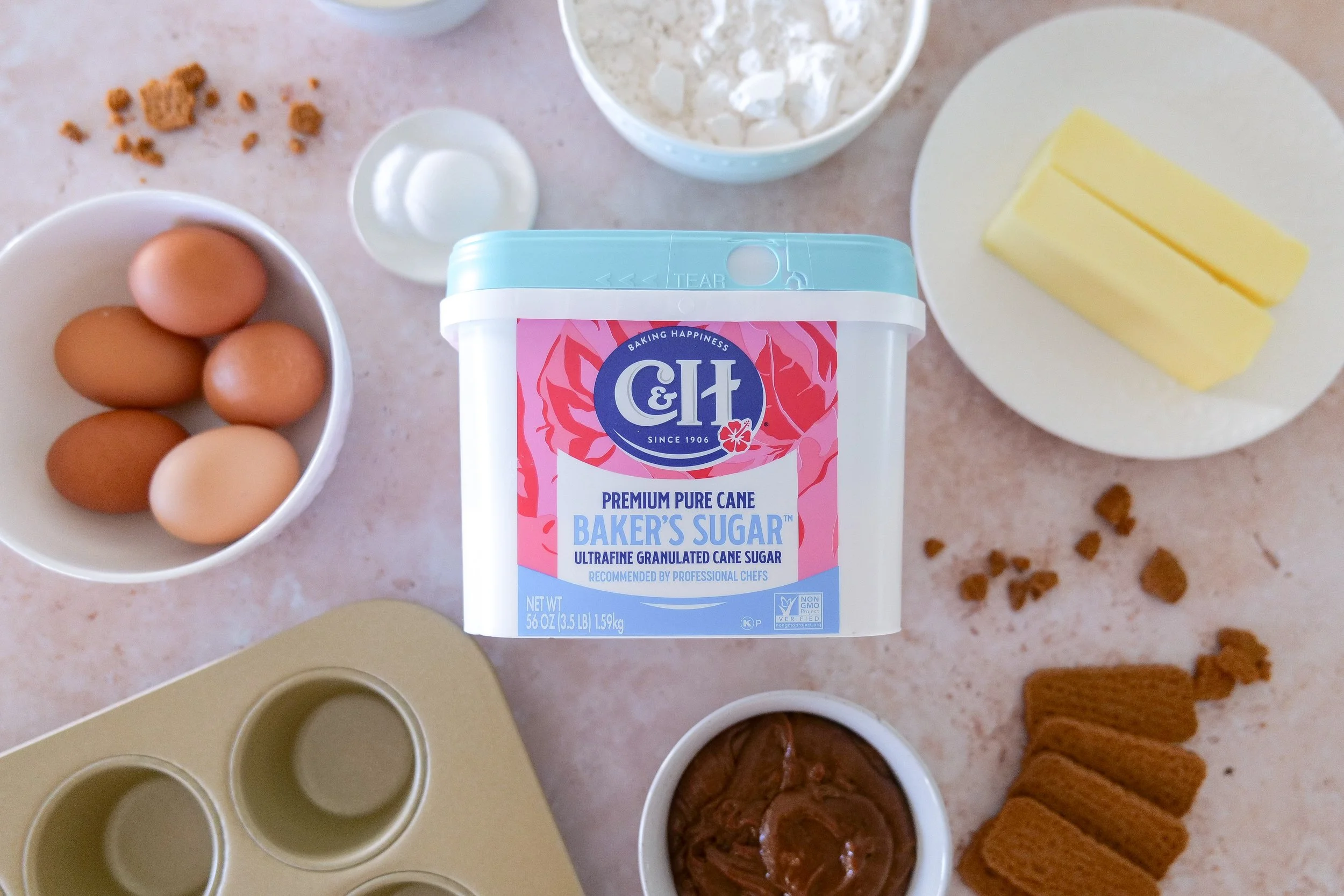 Baking ingredients for cookie butter cupcakes and homemade cookie butter frosting