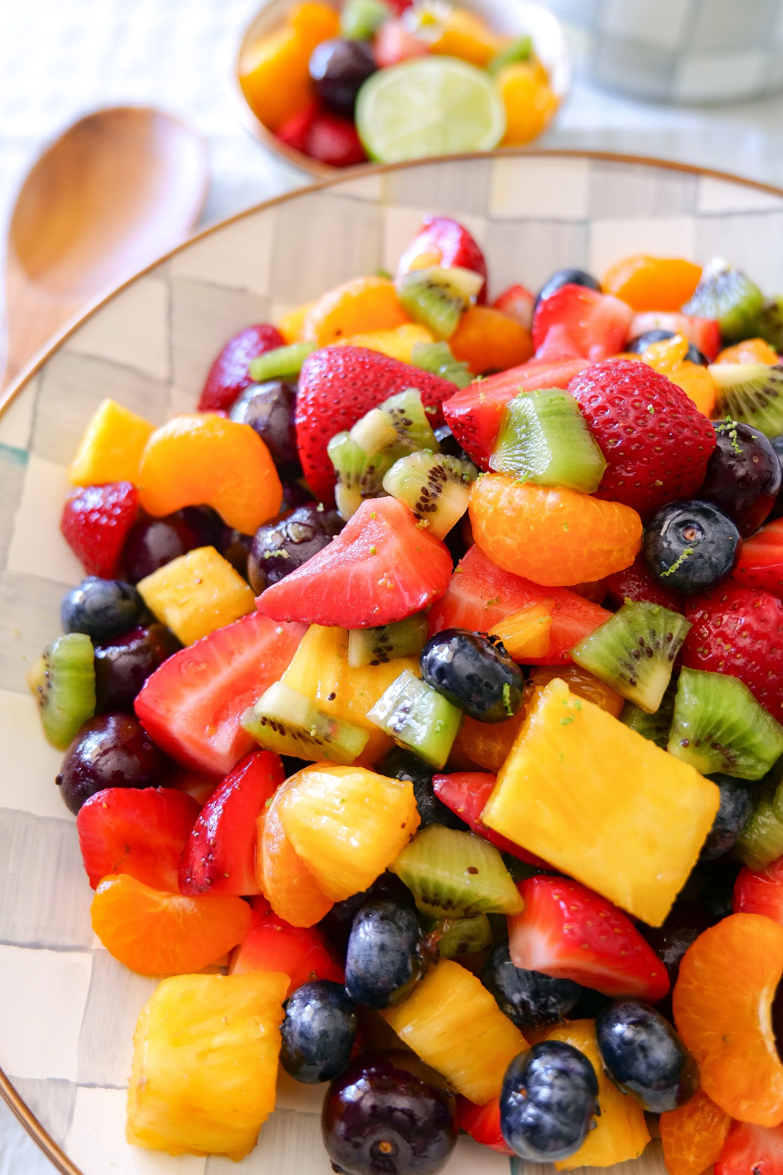 Fresh fruit salad tossed with homemade honey lime dressing