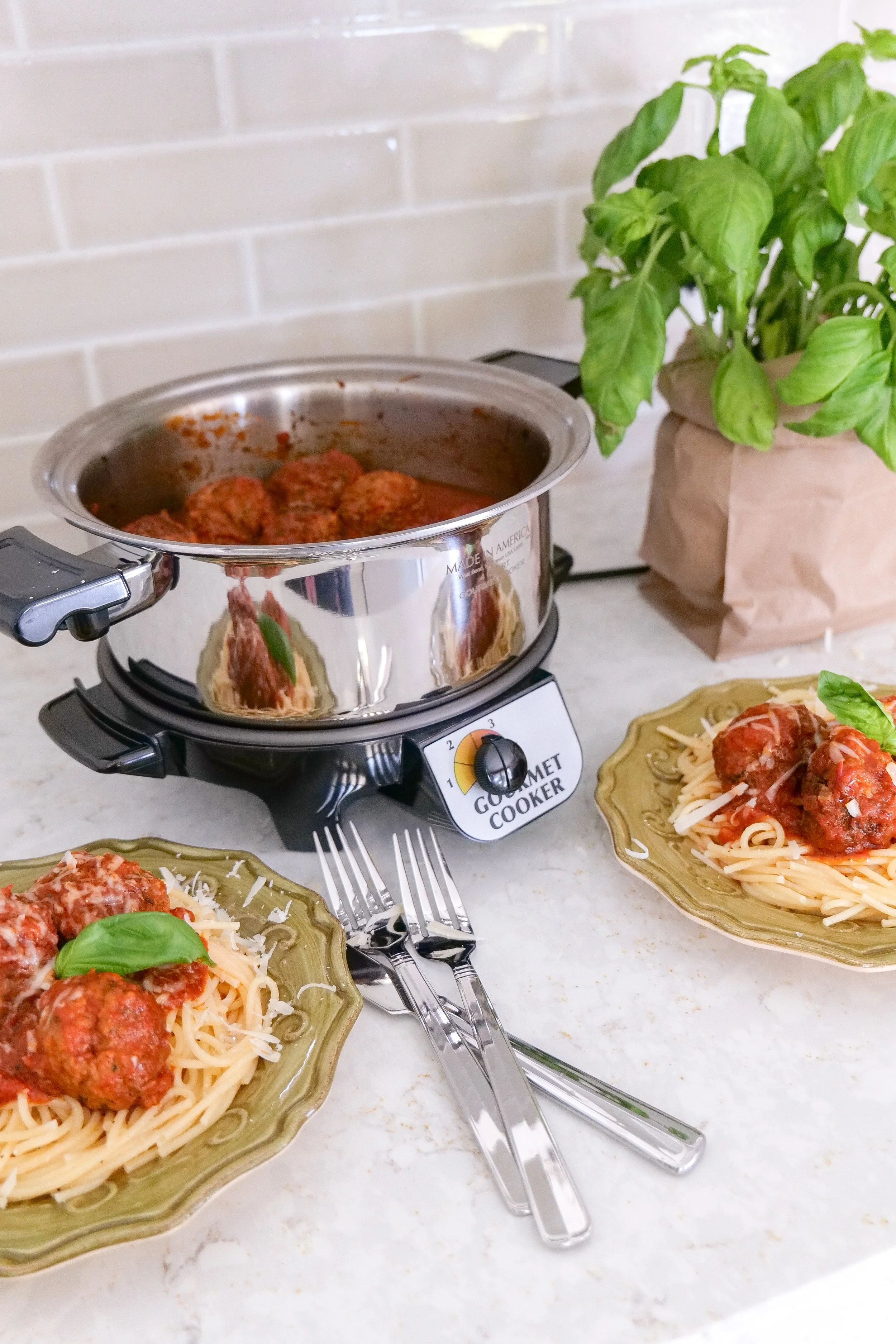 Crockpot dinner idea featuring Italian meatballs simmered in tomato sauce
