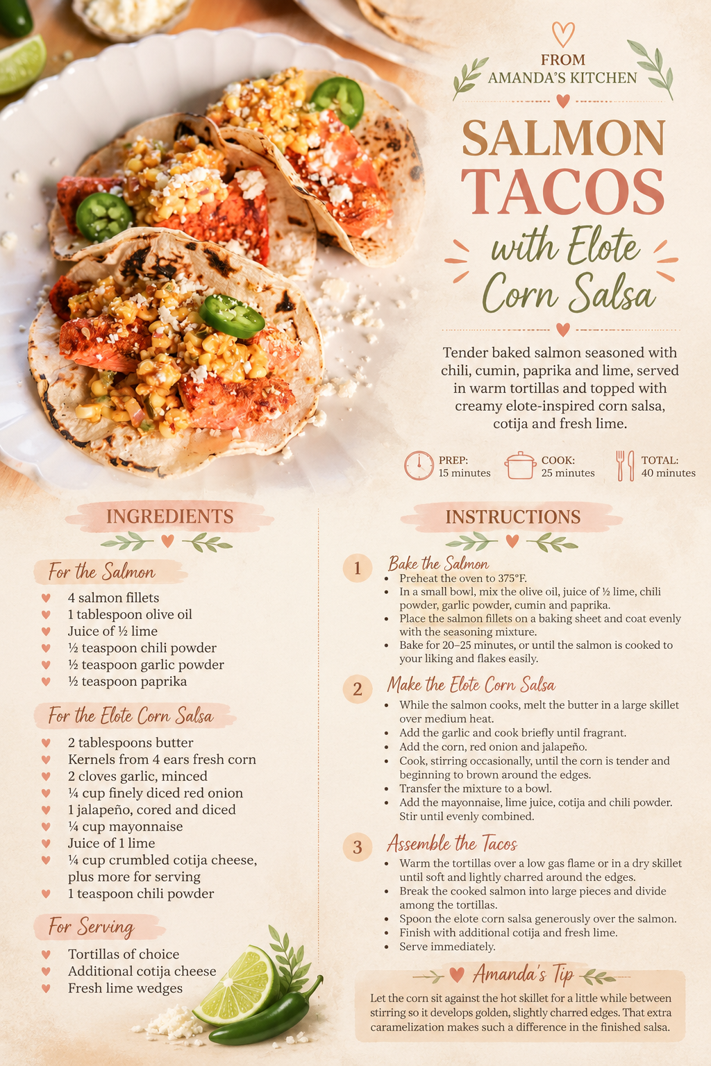 From Amanda's Kitchen recipe card for salmon tacos with elote corn salsa, including ingredients and cooking instructions