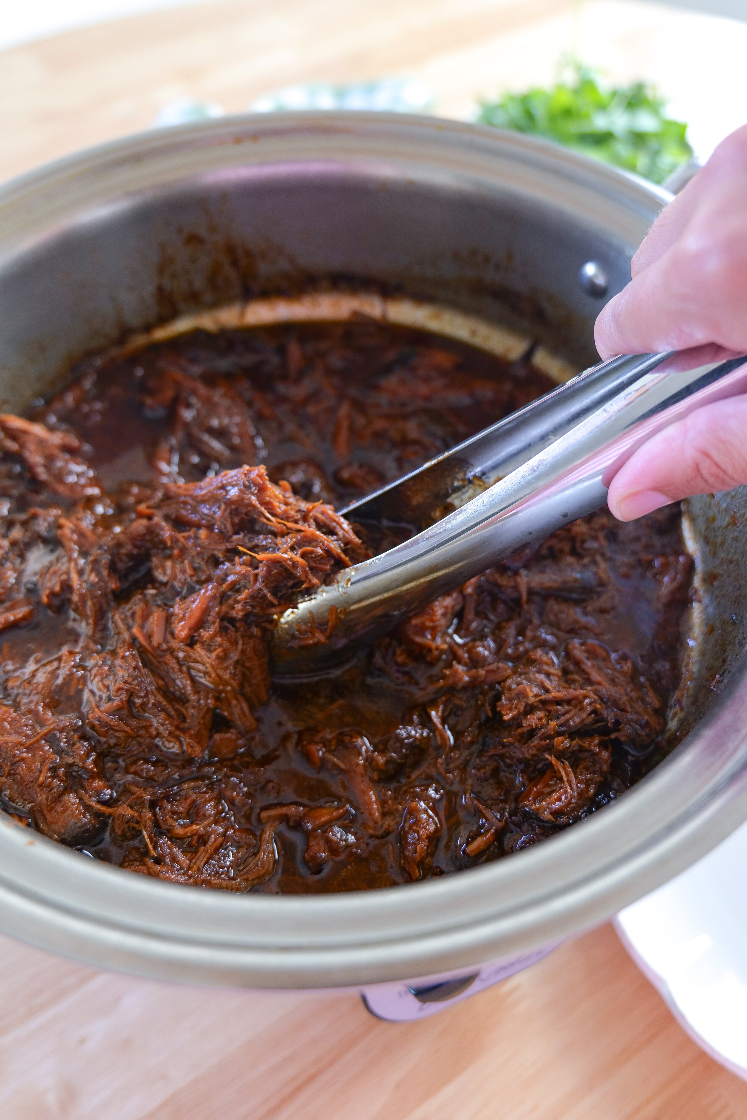 Slow cooker BBQ brisket ready to serve for a family dinner or gathering.