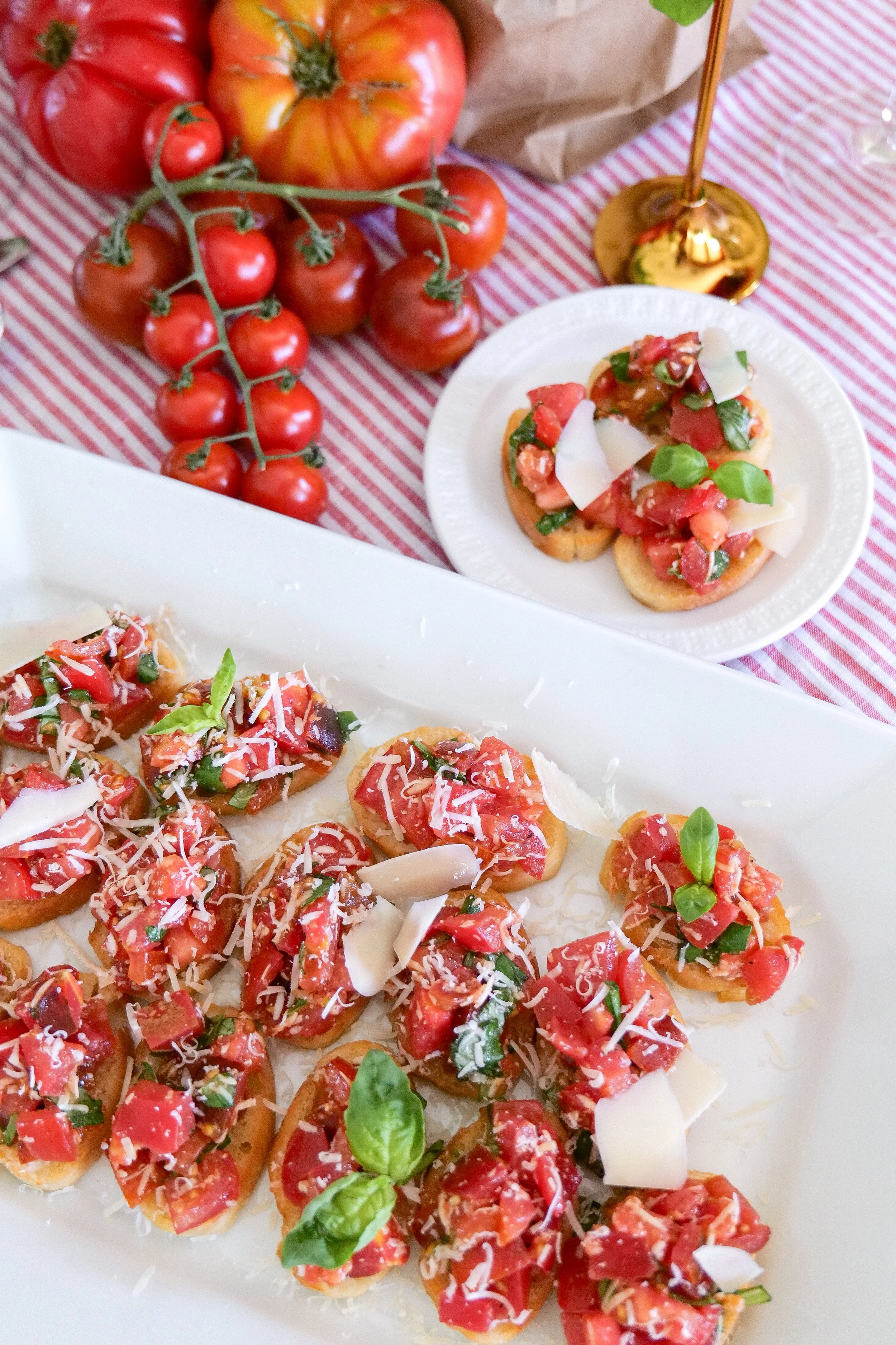 Close-up of fresh tomato bruschetta with chopped basil, garlic and Parmesan