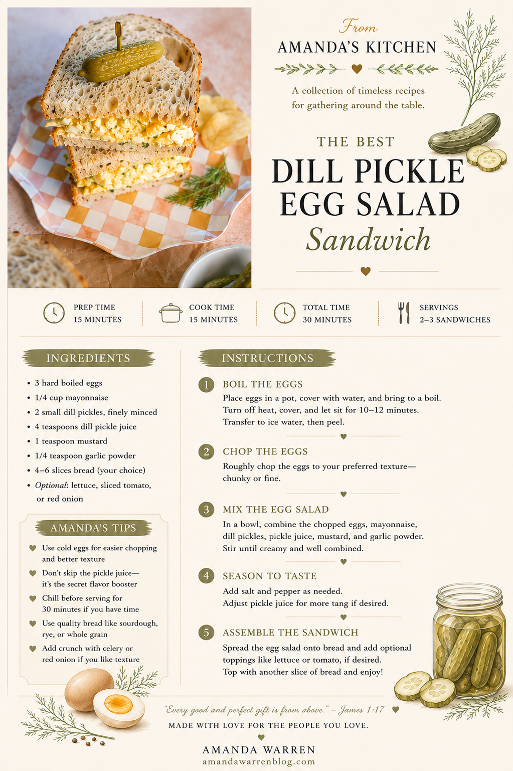 Printable Dill Pickle Egg Salad Sandwich recipe card from Amanda's Kitchen.