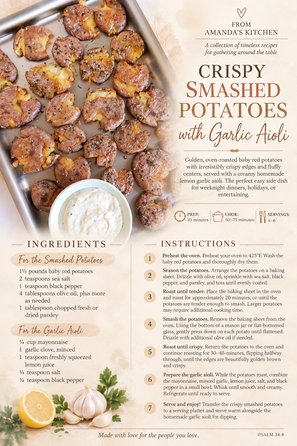 Crispy smashed potatoes with garlic aioli recipe card from Amanda's Kitchen featuring golden roasted baby red potatoes, ingredients, and step-by-step instructions.