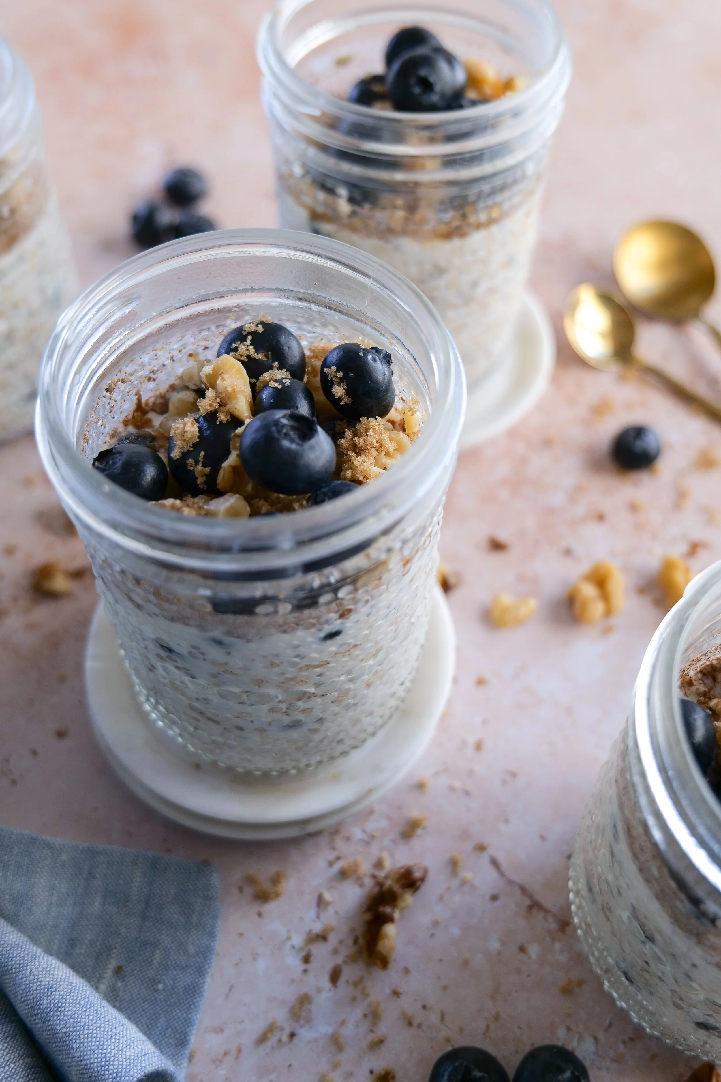 Ingredients for Blueberry Pie Overnight Oats including rolled oats, blueberries, Greek yogurt, milk, chia seeds, cinnamon, and vanilla.