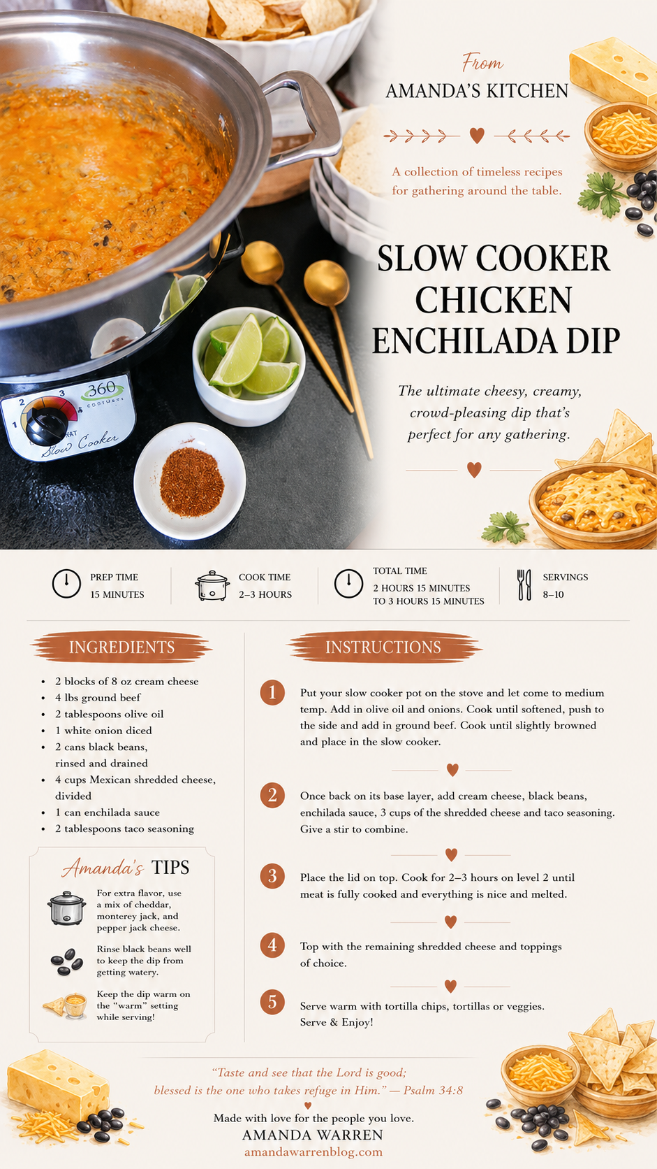 Printable Slow Cooker Chicken Enchilada Dip recipe card with chicken, cream cheese, black beans, enchilada sauce and cheese.