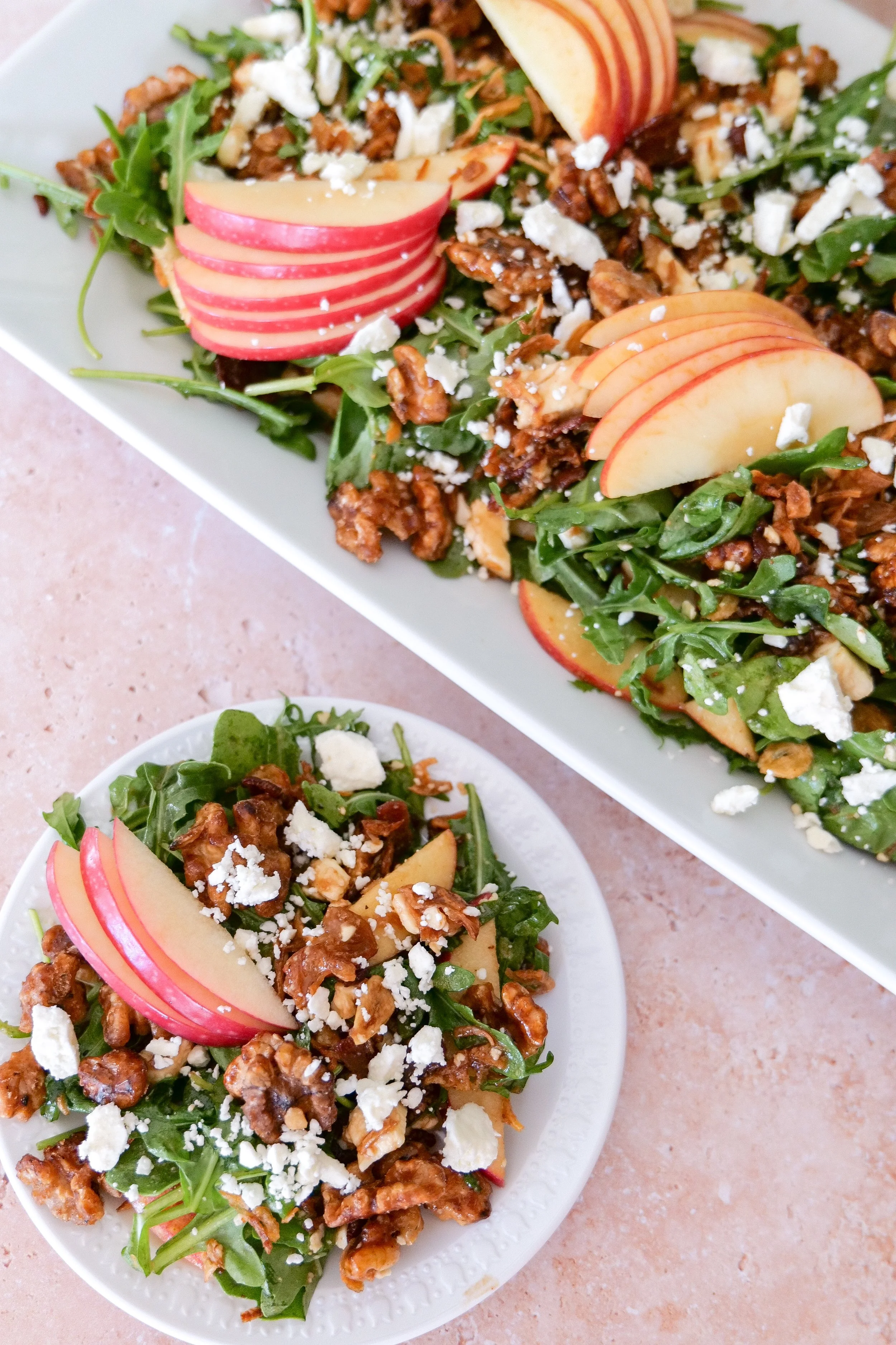 Apple bacon fall salad with mixed greens, feta cheese, walnuts and crispy shallots.