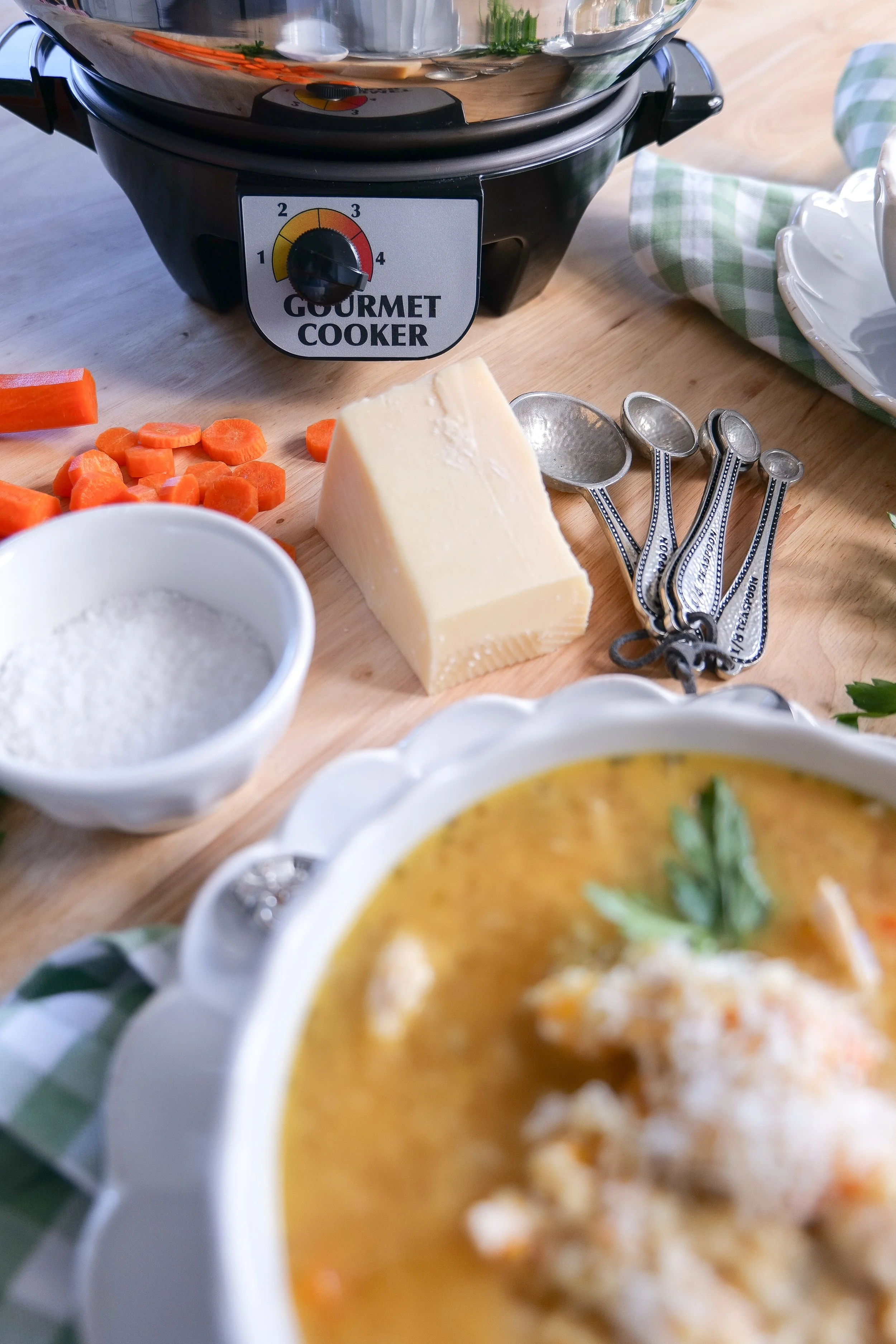Comforting chicken soup with tiny pastina pasta, vegetables and freshly grated Parmesan.