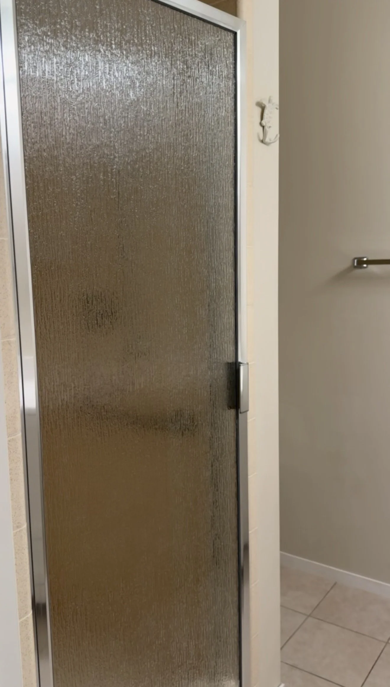 Small bathroom before renovation, with the original vanity and dated shower.