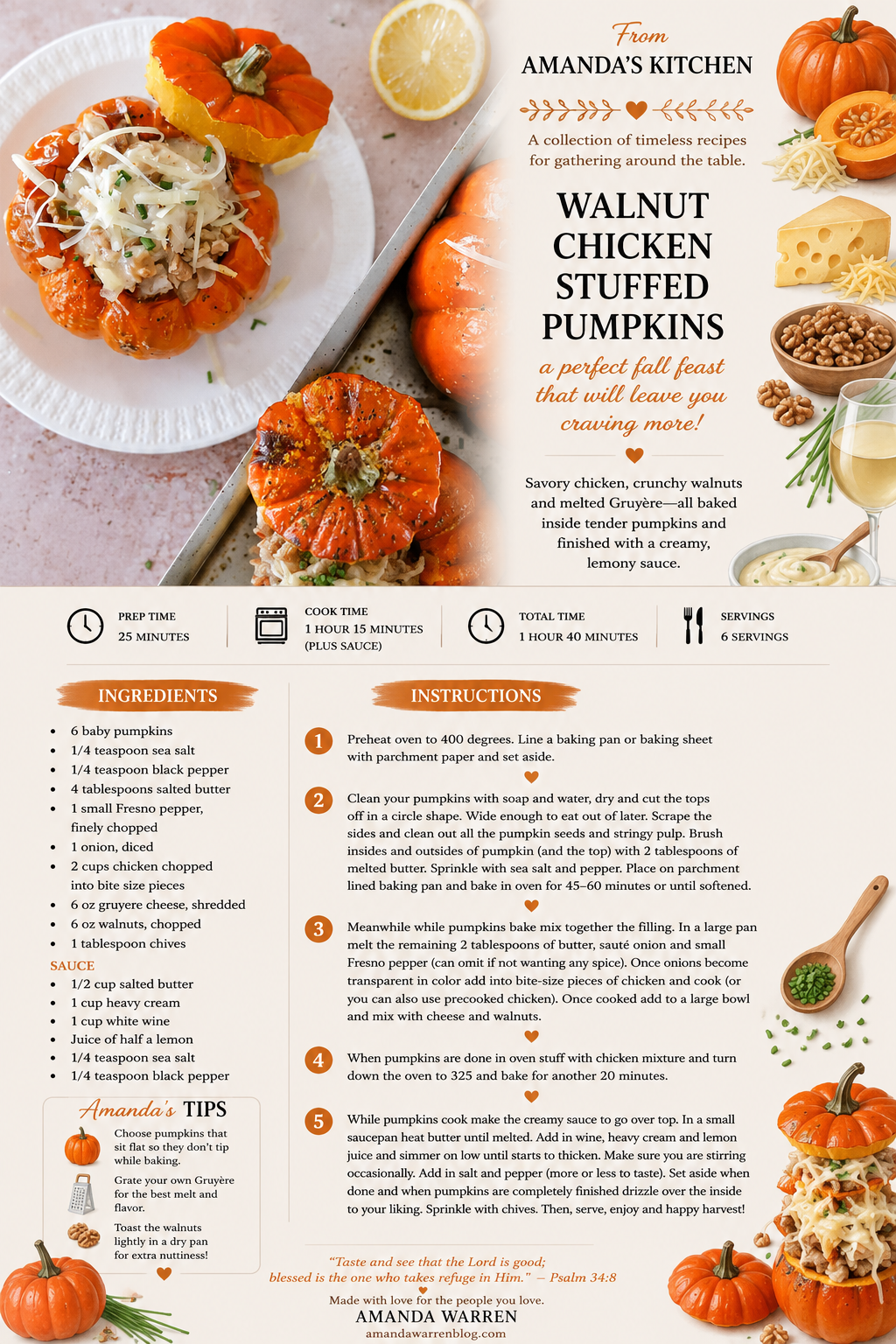 Printable From Amanda’s Kitchen recipe card for creamy walnut chicken stuffed pumpkins.