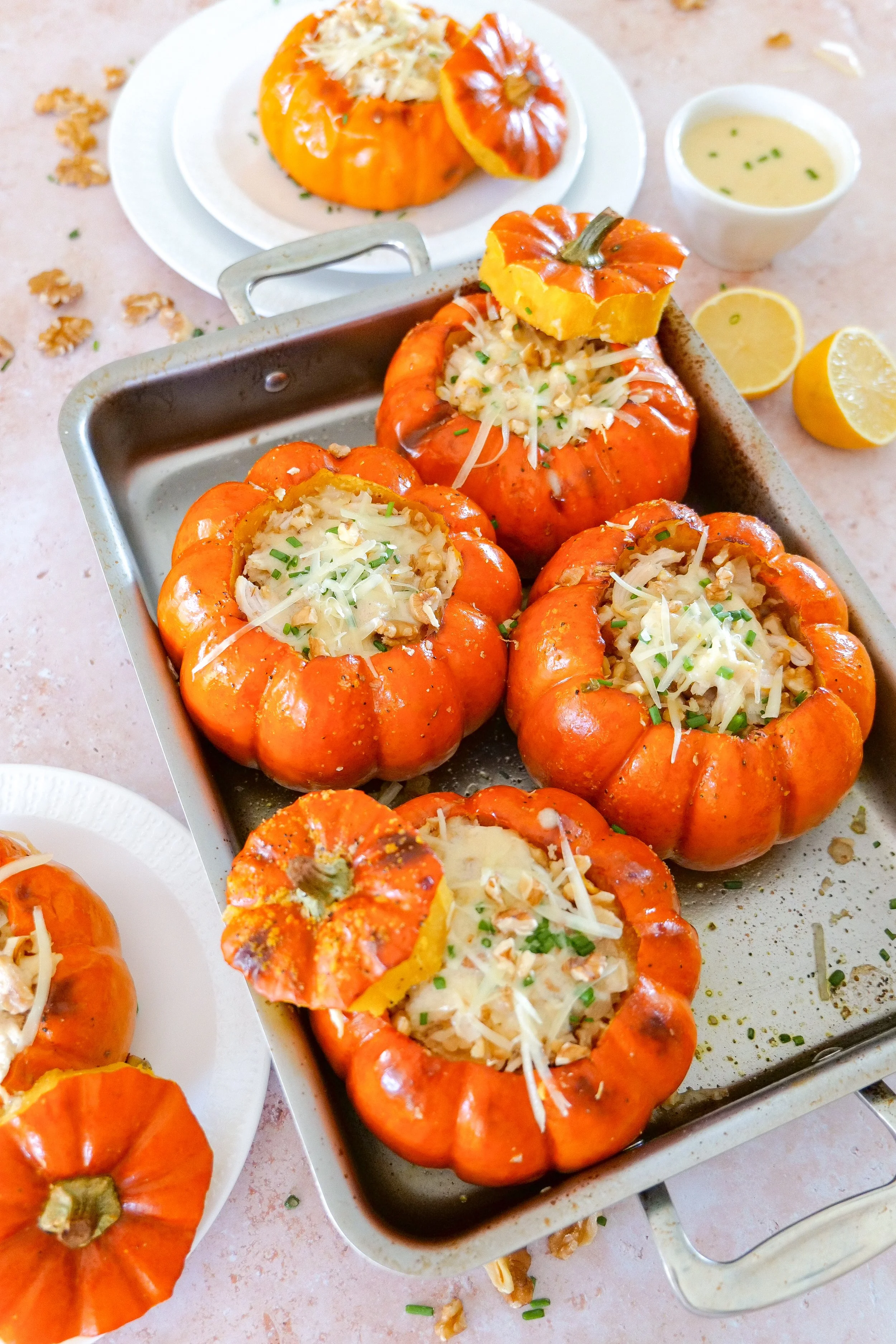 Savory stuffed pumpkin finished with a creamy butter and white wine sauce.