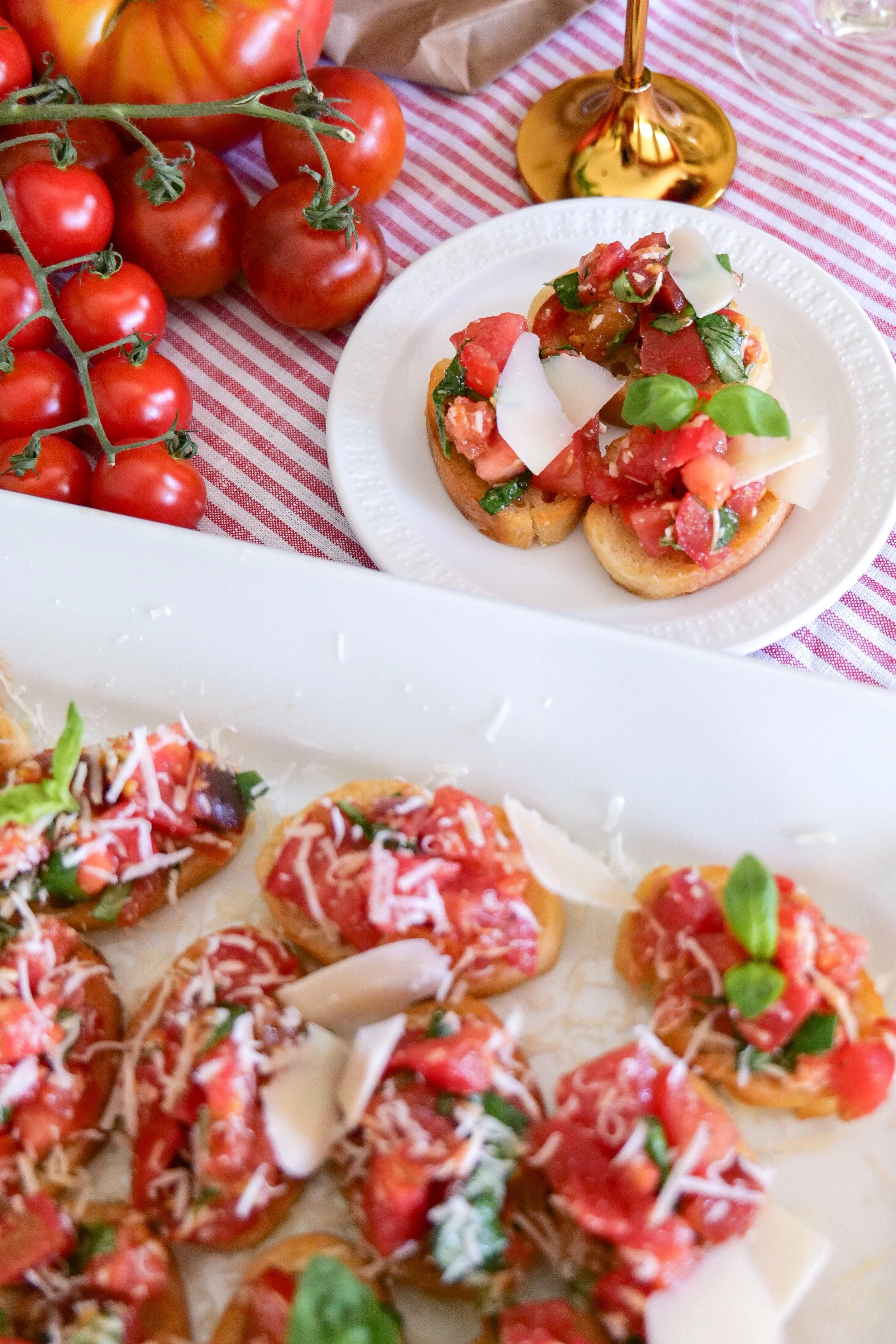 Platter of homemade tomato bruschetta served on crisp toasted bread