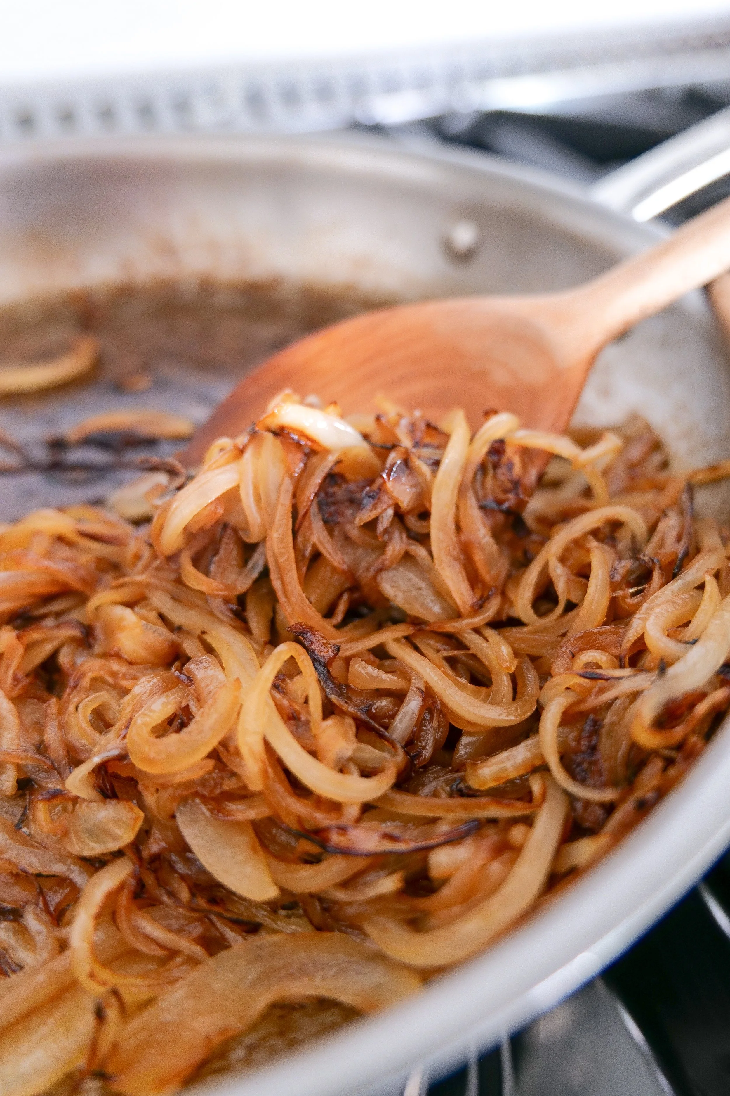 Golden caramelized onions for steak focaccia sandwich