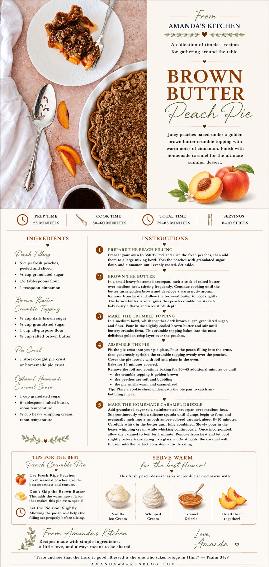 Printable Brown Butter Peach Pie recipe card featuring fresh peach pie with a buttery brown butter crumble topping, homemade caramel drizzle, and an elegant cookbook-inspired design by Amanda Warren.