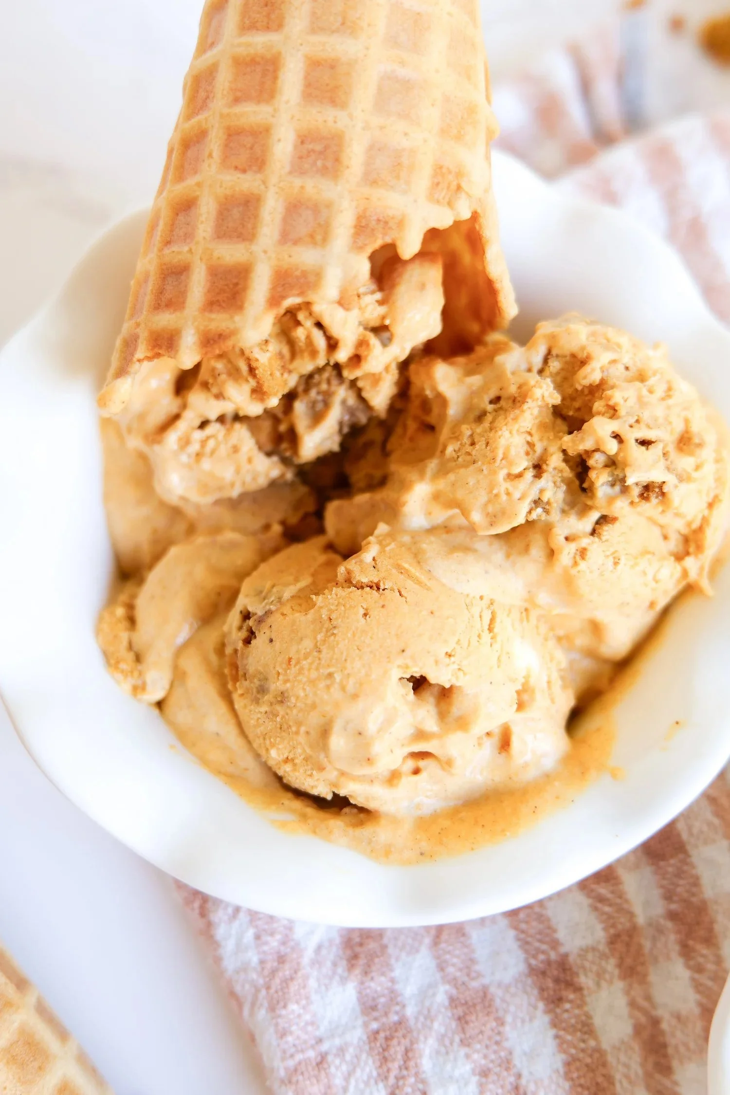 Creamy pumpkin ice cream filled with pieces of spiced pumpkin molasses cookies.
