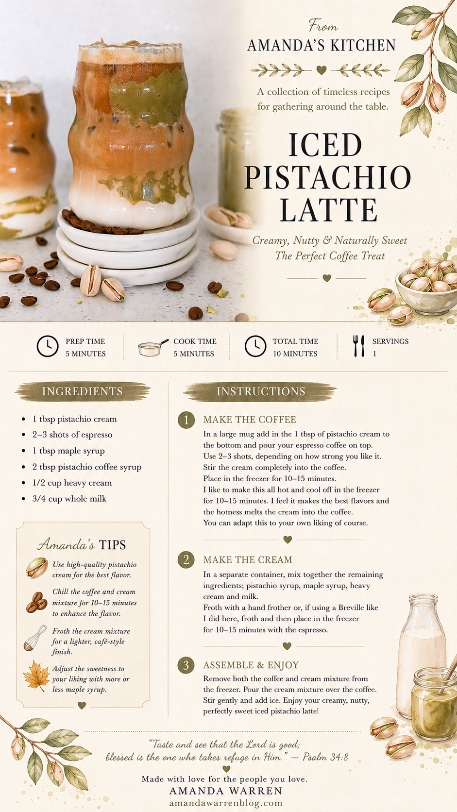 Printable Iced Pistachio Latte recipe card from Amanda's Kitchen.