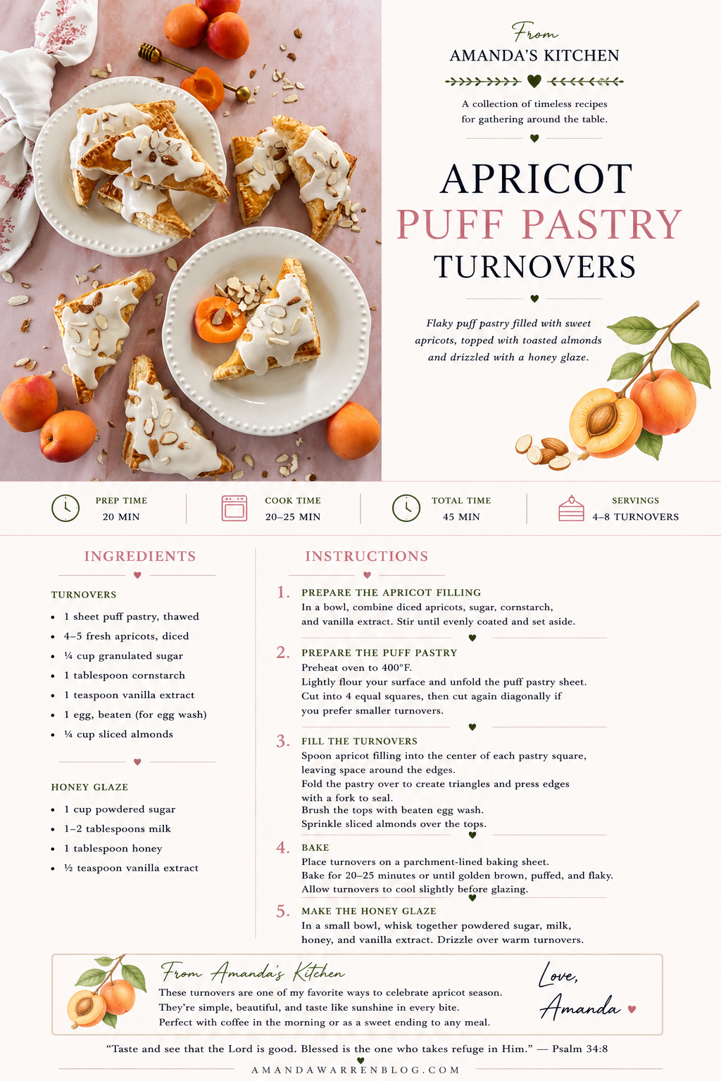 Printable Apricot Puff Pastry Turnovers recipe card featuring flaky golden puff pastry filled with fresh apricots, topped with honey glaze and sliced almonds in an elegant cookbook-inspired design by Amanda Warren.