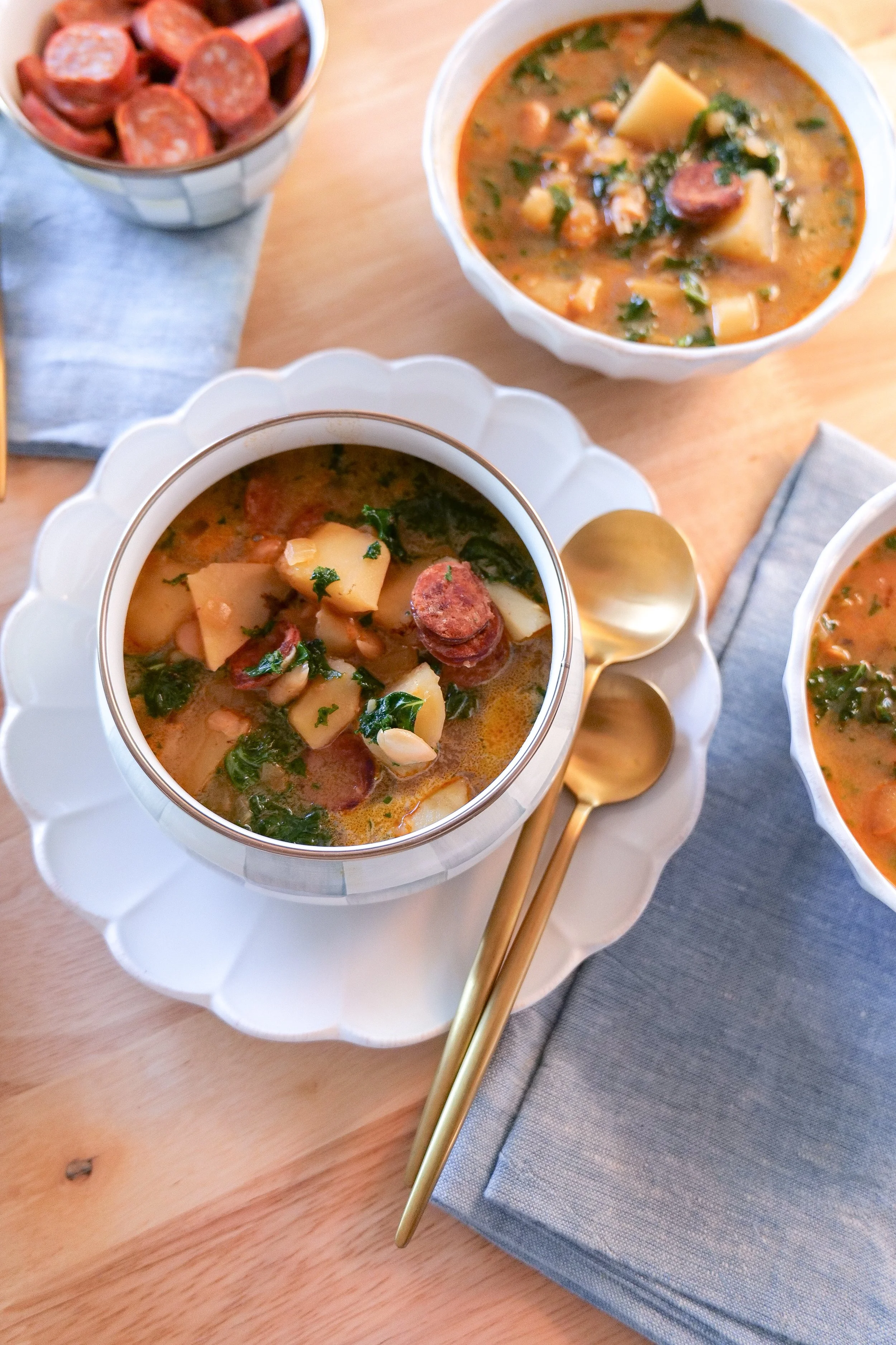 Family-style Portuguese kale soup made with linguiça, potatoes, white beans and kale.