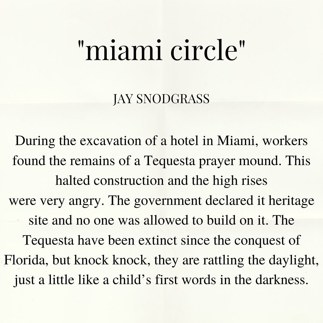 hello writers! over the next few weeks, the tiny journal will be posting excerpts from our issue v publications. to start us off, enjoy this excerpt of jay snodgrass&rsquo; flash fiction piece, &ldquo;miami circle&rdquo;. 
don&rsquo;t forget, submiss