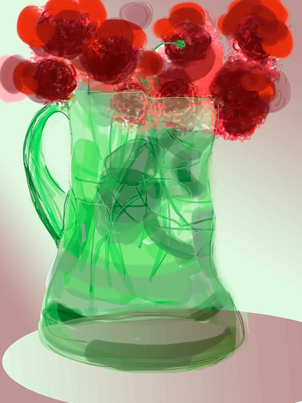715 green glass pitcher and red flowers .jpeg