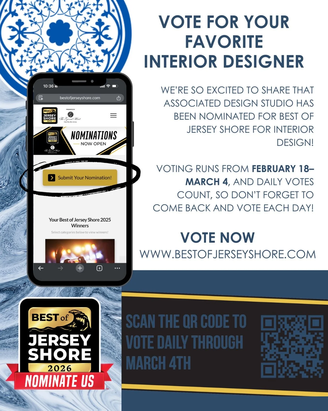This one means so much to us 🤍 Associated Design Studio has been nominated for Best of Jersey Shore and we&rsquo;d love your support! Vote daily Feb 18&ndash;March 4✨ link in bio or scan QR code