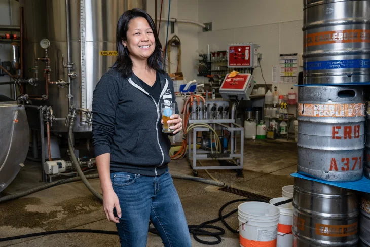 Ting Su, co-owner of Eagle Rock Brewery and Eagle Rock Public House. (Jon Endow for LAist)