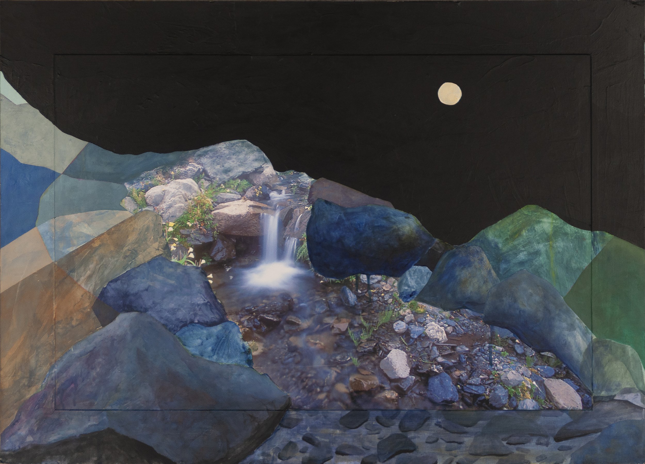Alpine Moon - Acrylic and gouache over matted photograph