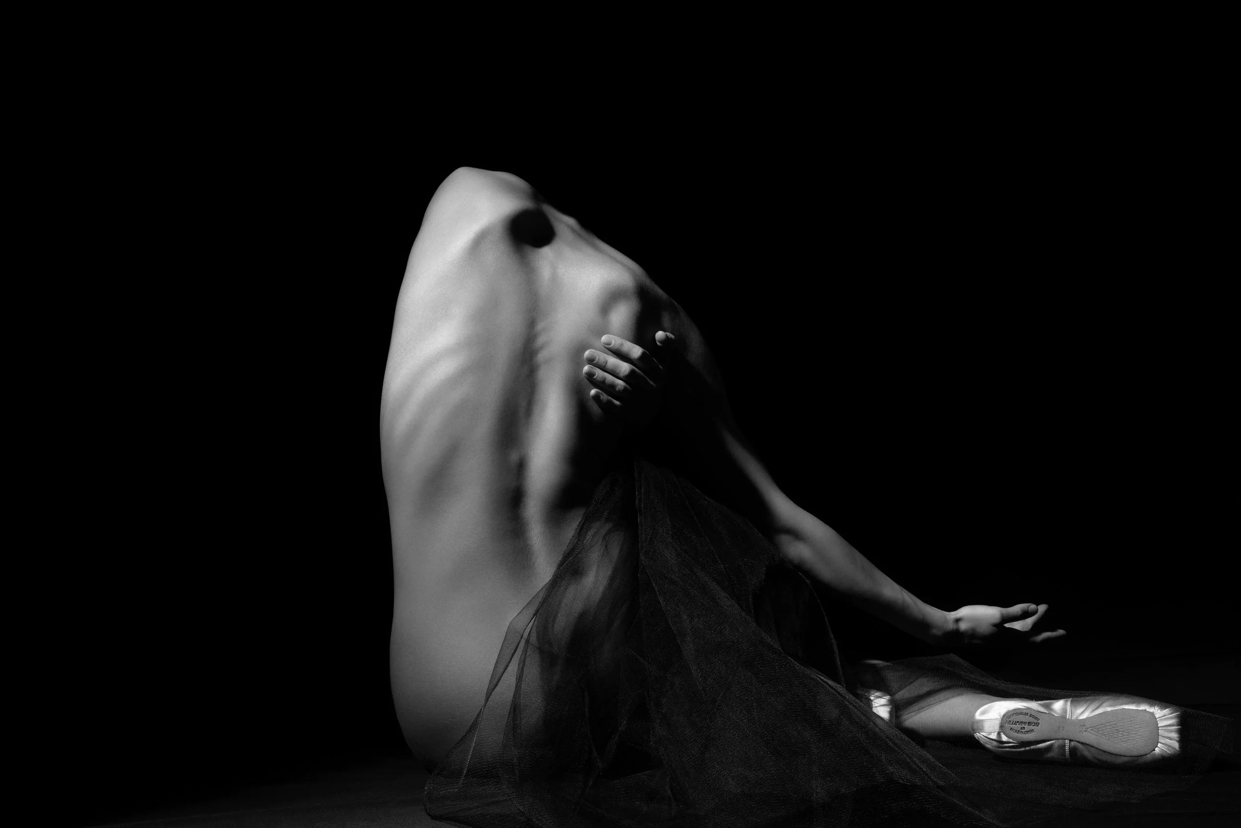 Black and white fine art photograph of a veiled feminine figure partially concealed in shadow