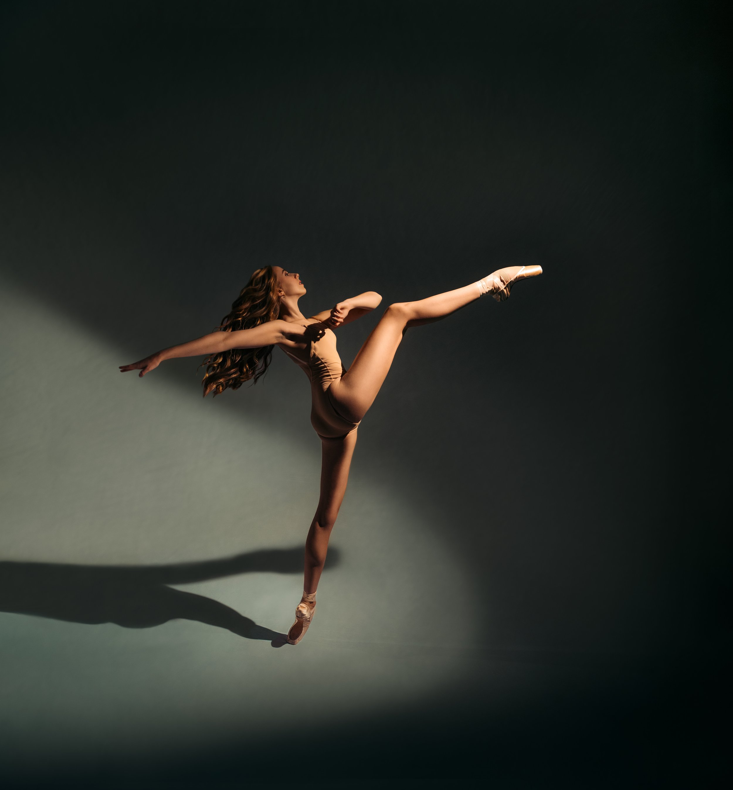 Fine art dance portrait with dramatic extension and sculptural studio lighting