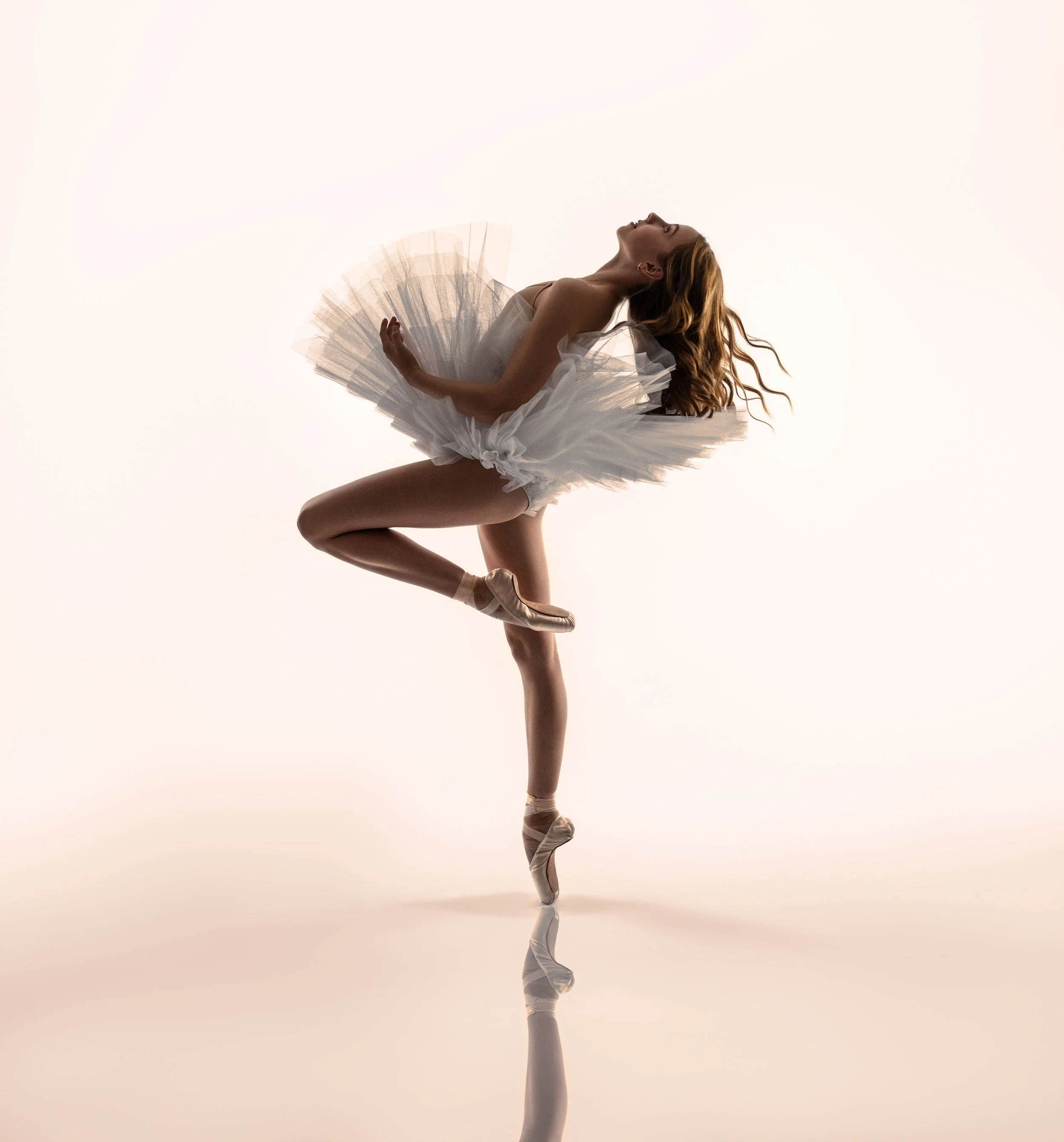 Fine art ballet portrait with sculptural movement and soft studio light