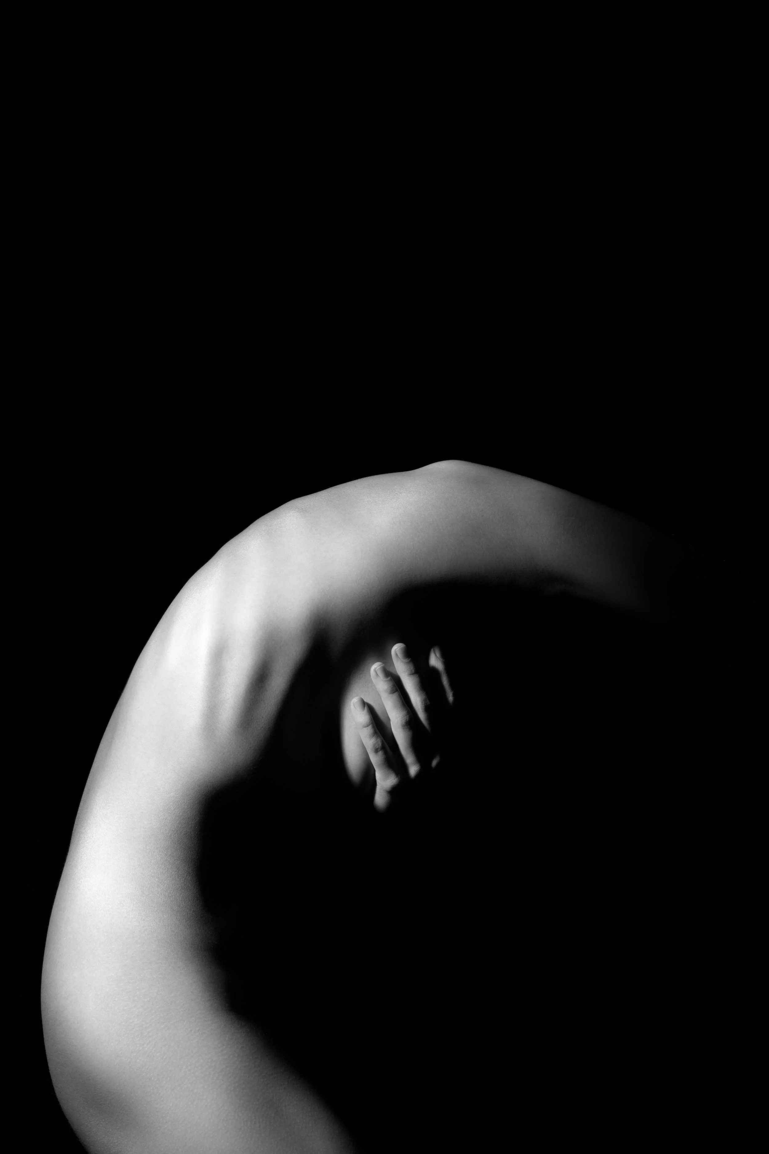 Fine art black and white photograph of a curved sculptural feminine form fading into black space