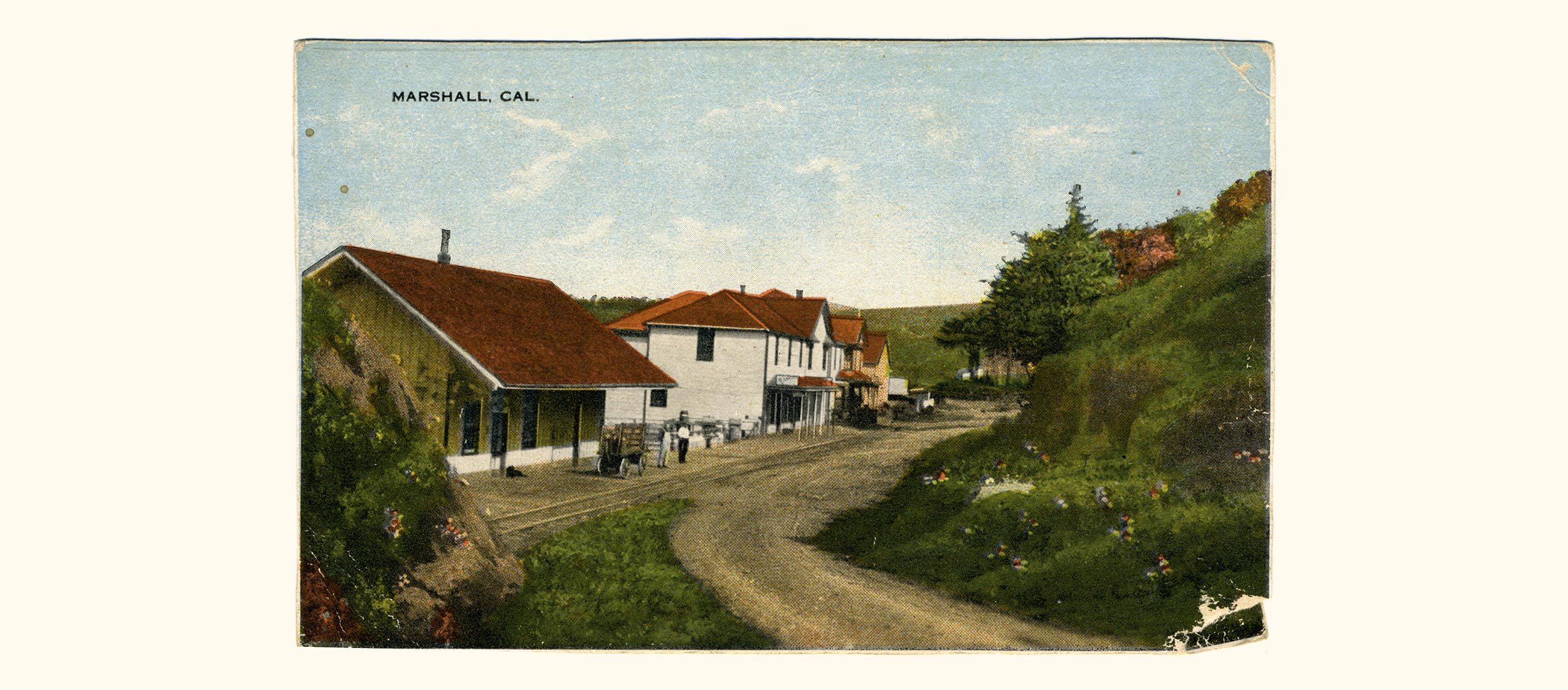 Hand-colored postcard of Marshall railroad depot (c. 1905)