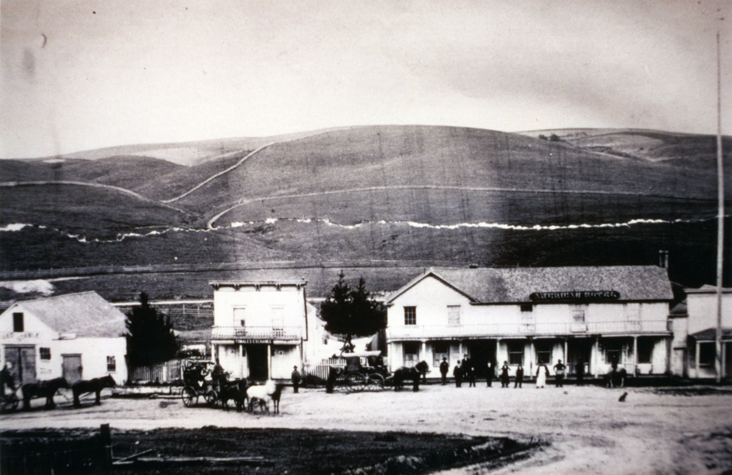 A late 19th century view of the once busy Lower Town, Tomales, looking south toward intersection of Highway One and Tomales‒Petaluma Road. The center building is still extant, its straight false front now gabled. The large building at right was the American Hotel.