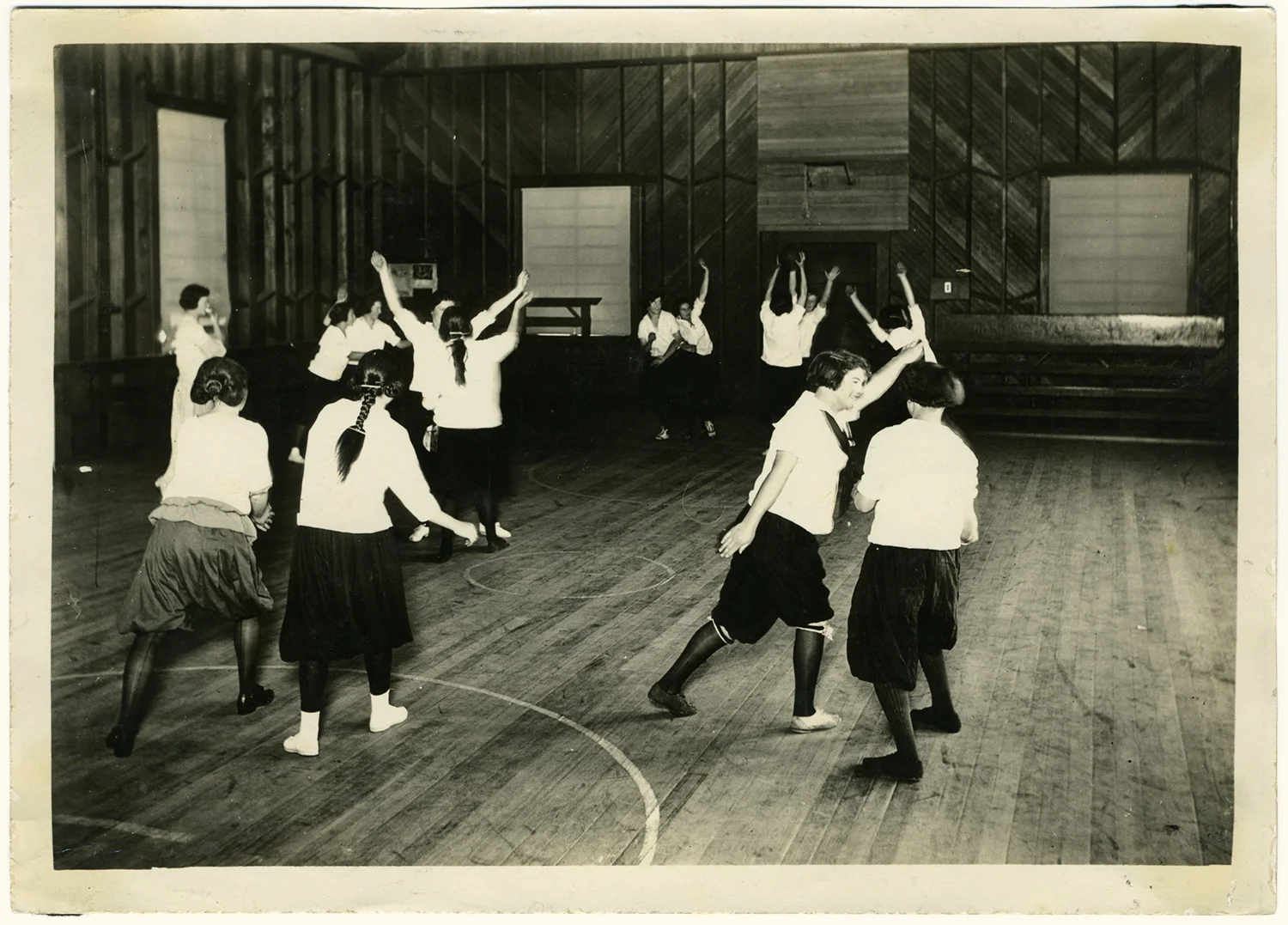 A 1923 modern dance class at Tomales High School’s newly built (and apparently not quite finished) auditorium/gymnasium — today the History Center’s museum.