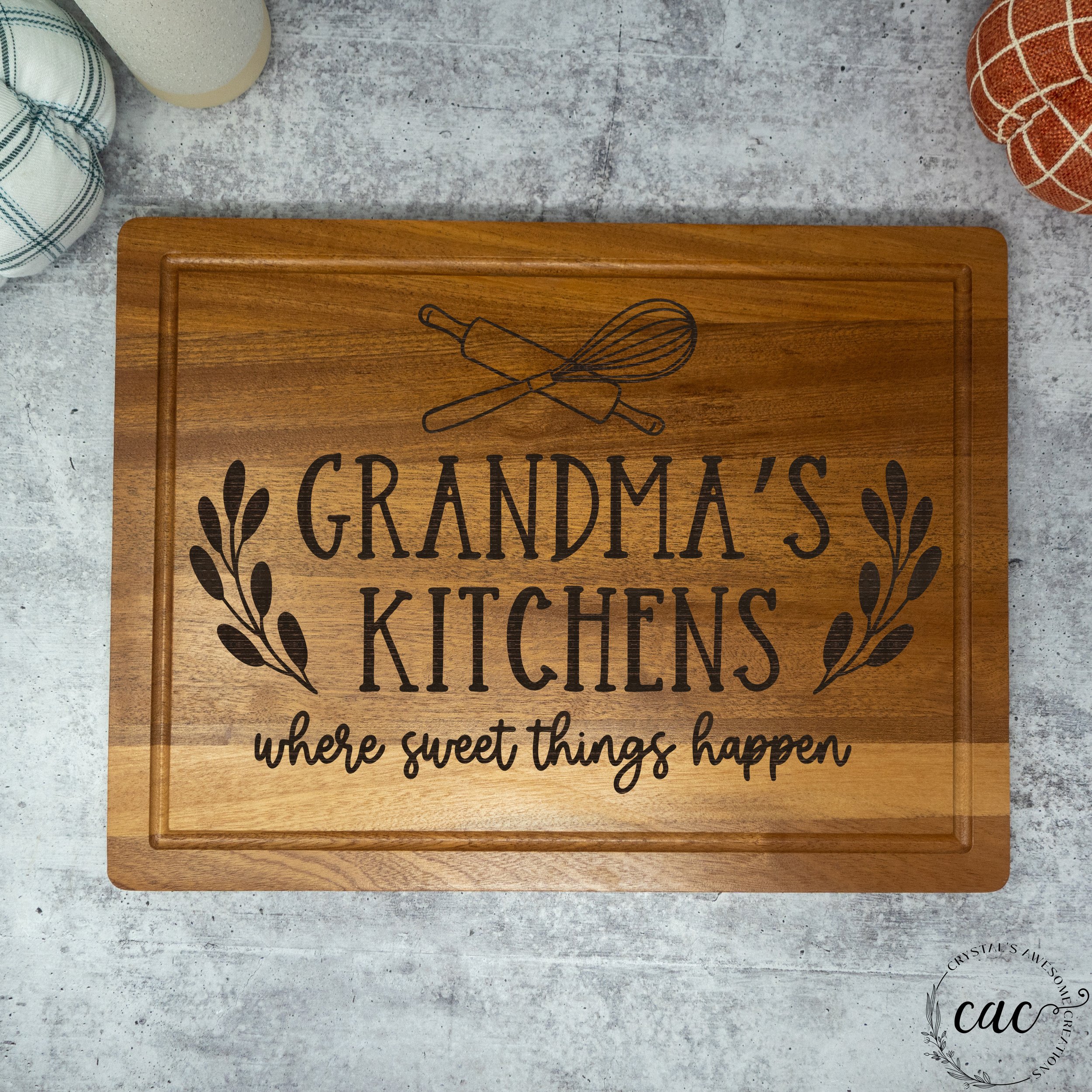 Grandma's Kitchen  Full size 16x12 solid laser etched acacia cutting board  (Copy) — Computer Aided Crafting
