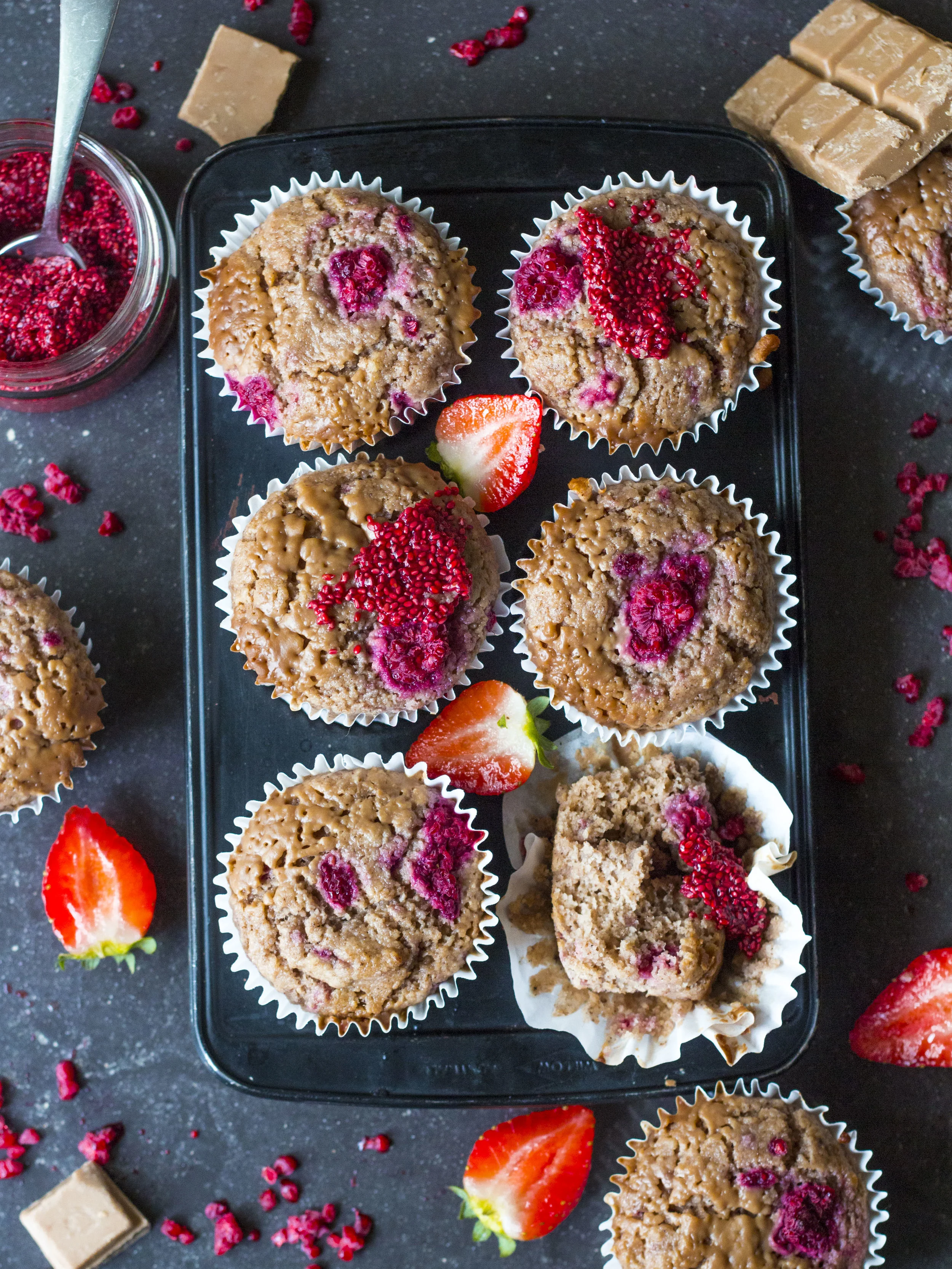 banana bread raspberry + white choc muffins