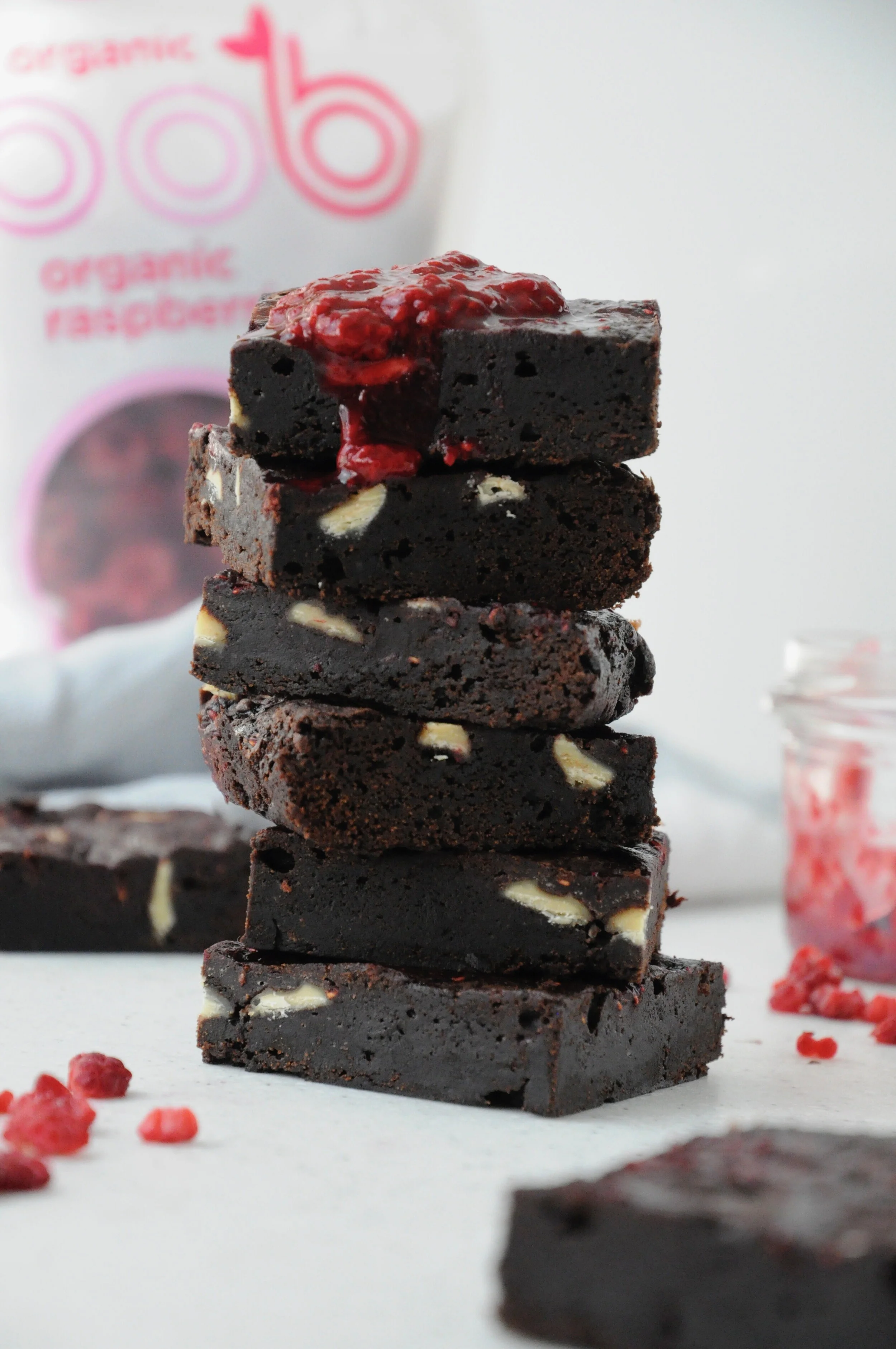 Fudgey Raspberry + White Choc Brownies (vegan)