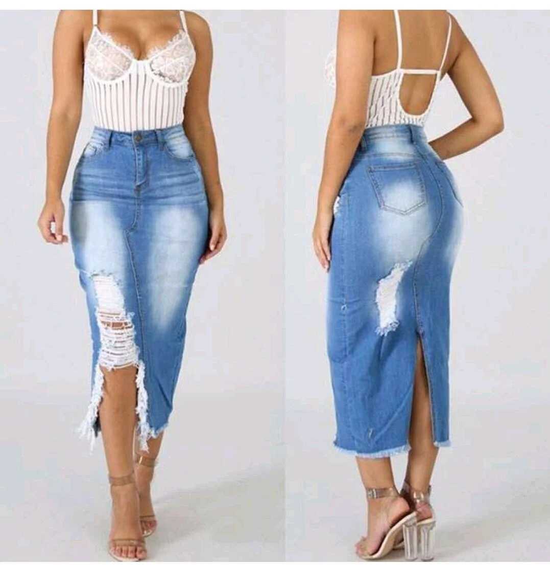 Plus-Size Distressed Denim Long Skirt - Comfortable and Stylish