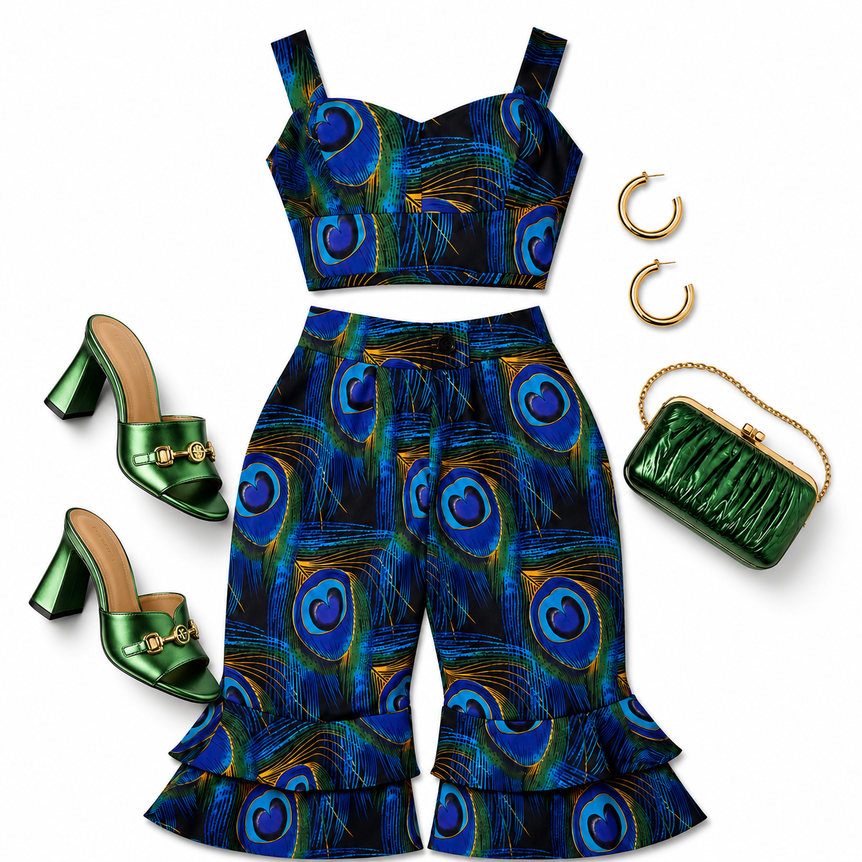 Blue Peacock Two-Piece Ruffle Pants Set