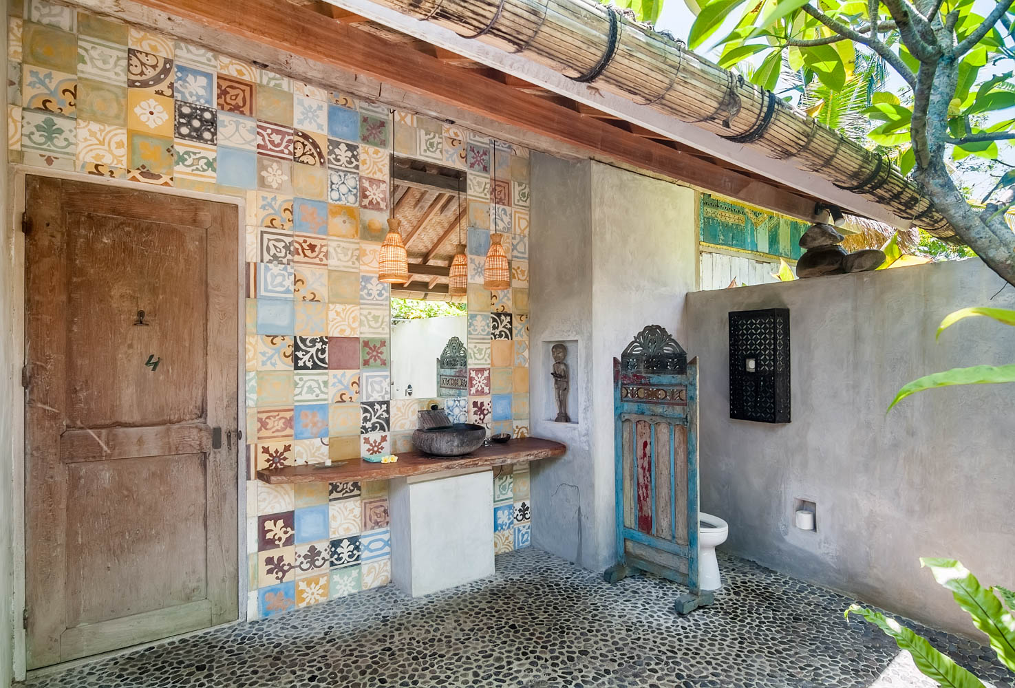 reclaimed cement tiles in open air bath