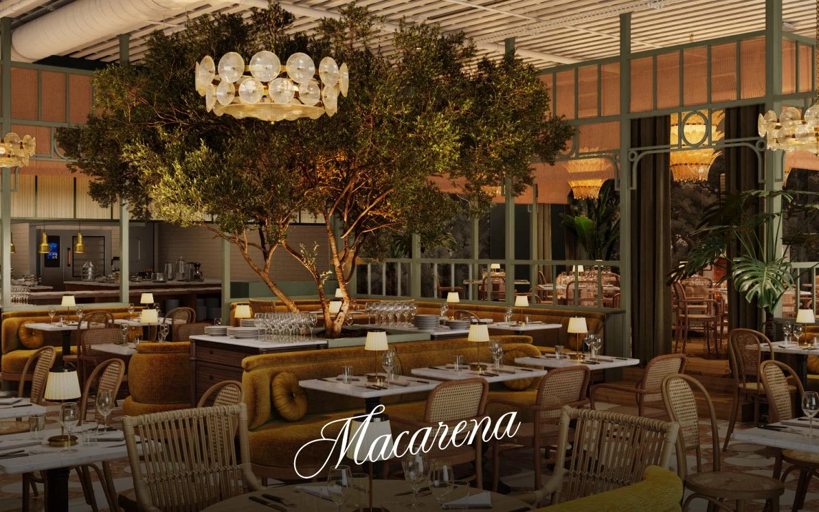 Elegant restaurant interior with a large tree in the center, surrounded by tables with white tablecloths, glassware, and small lamps. Green plants and chandeliers adorn the space, creating a sophisticated ambiance. The restaurant named Macarena is displayed at the bottom.