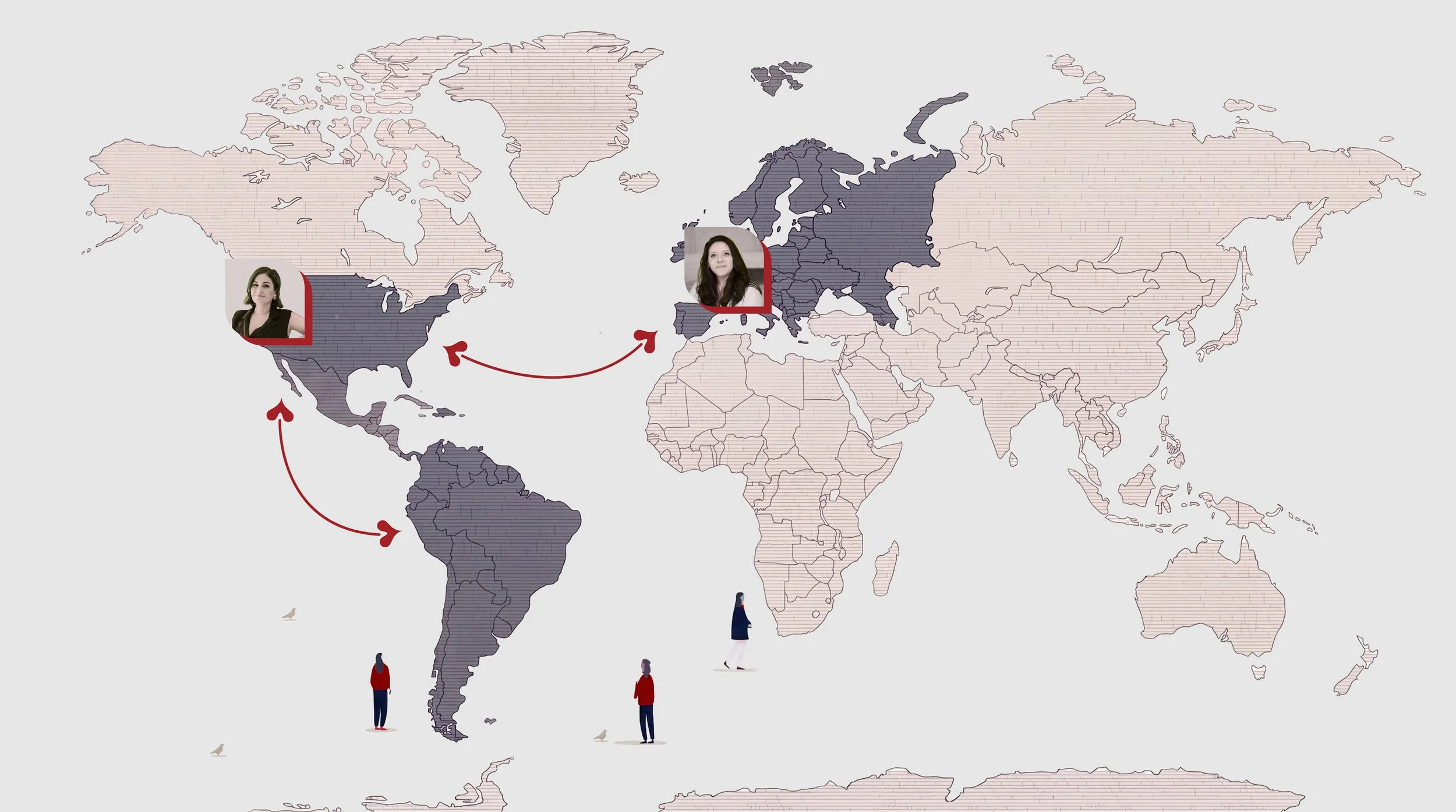 Map connecting the US and Europe, home continents of Felino's Board Advisory leads