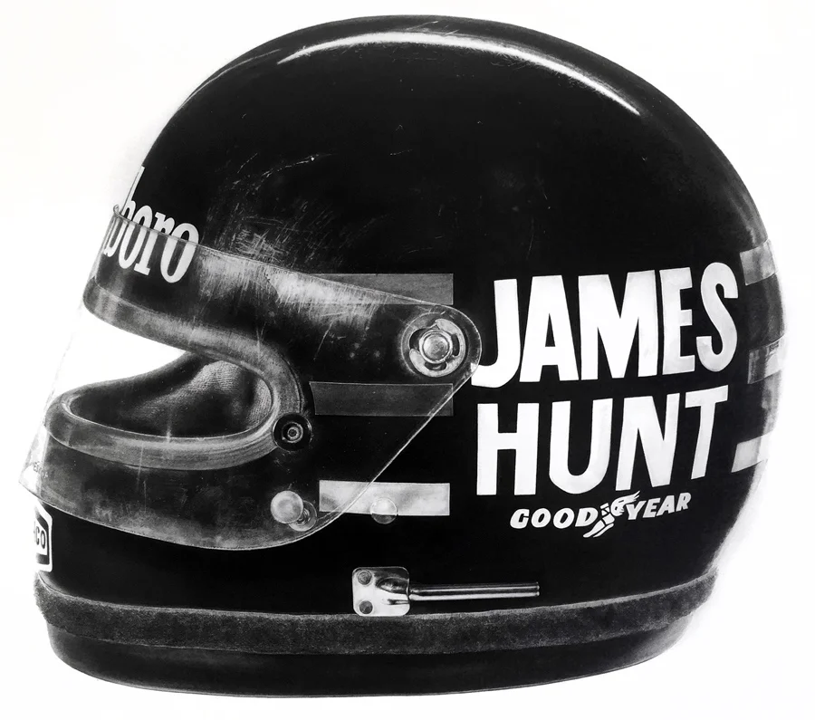 James Hunt 1976 F1 Championship Winning Bell Helmet, 2016. Pencil, charcoal & Gouache on paper (1000mm x 1000mm)
